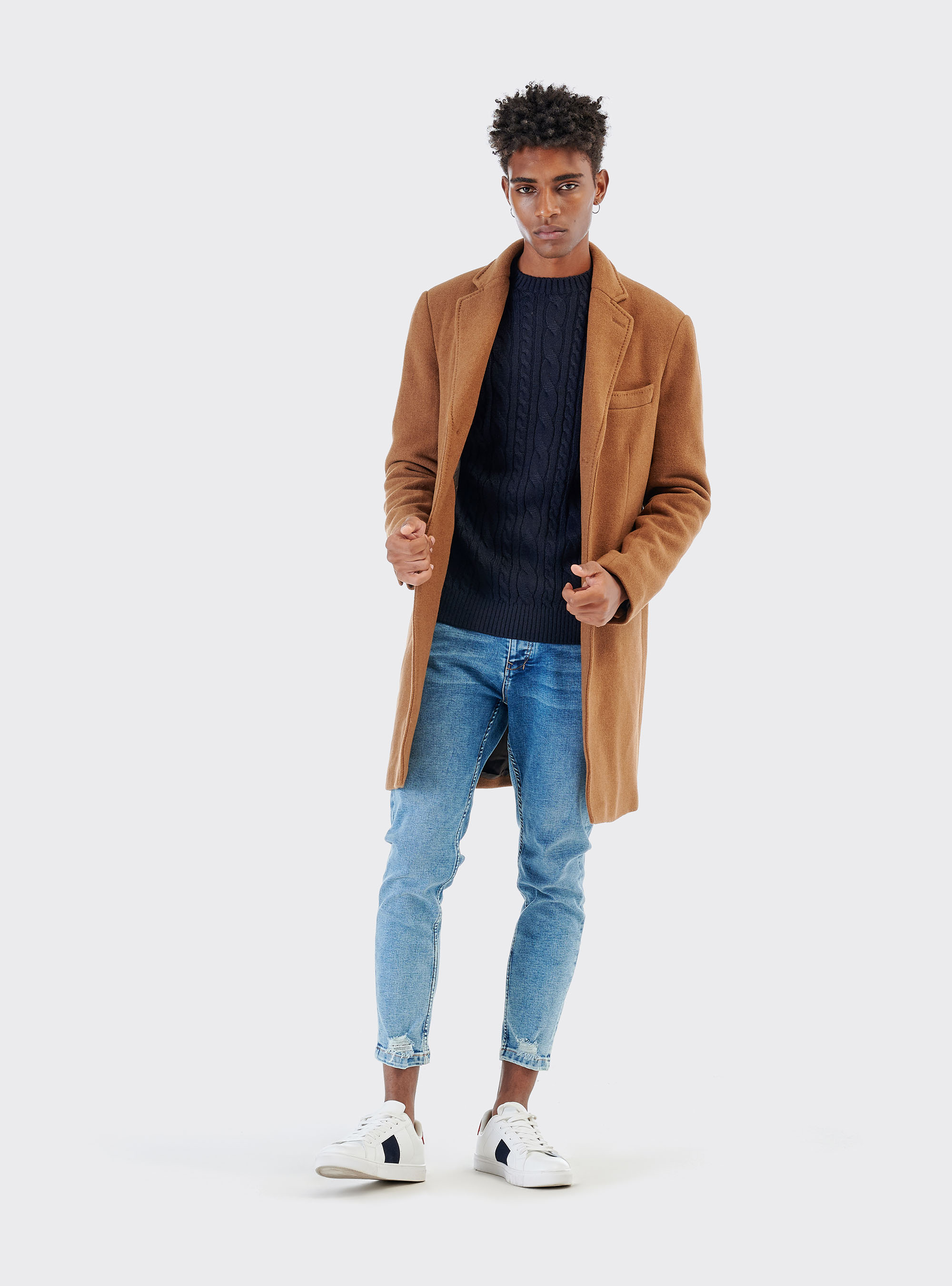 Pullover in misto lana con lavorazione a trecce, BLU MARINO