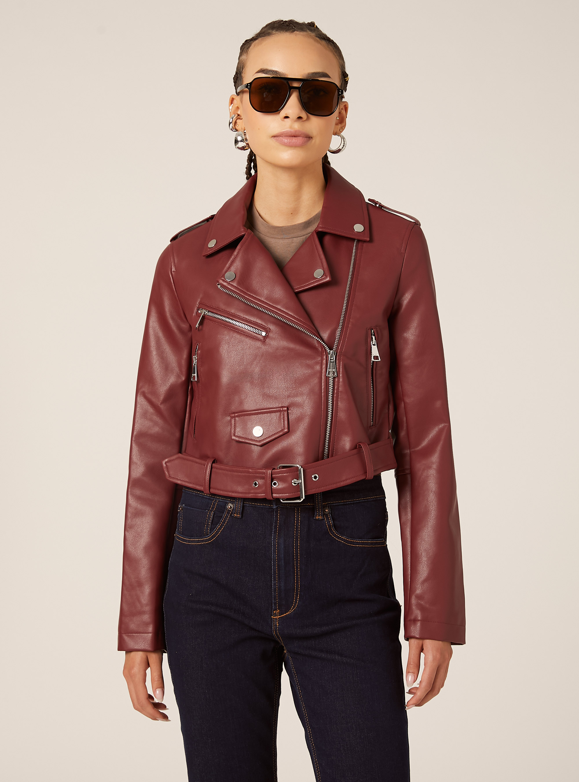 Giubbotto biker effetto pelle, BO1 BORDEAUX DARK