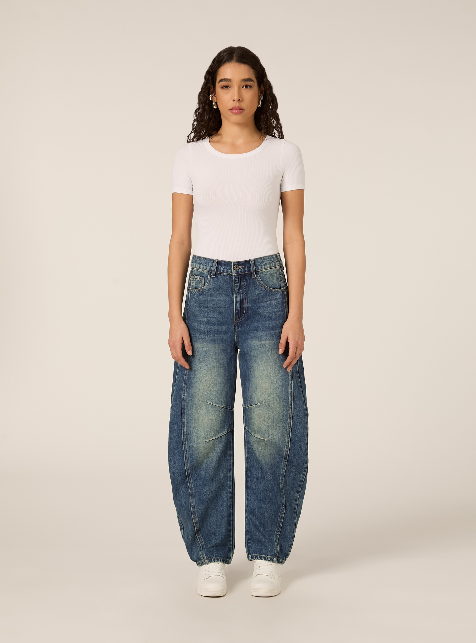 Jeans balloon con tagli ginocchio, D003 MEDIUM BLUE