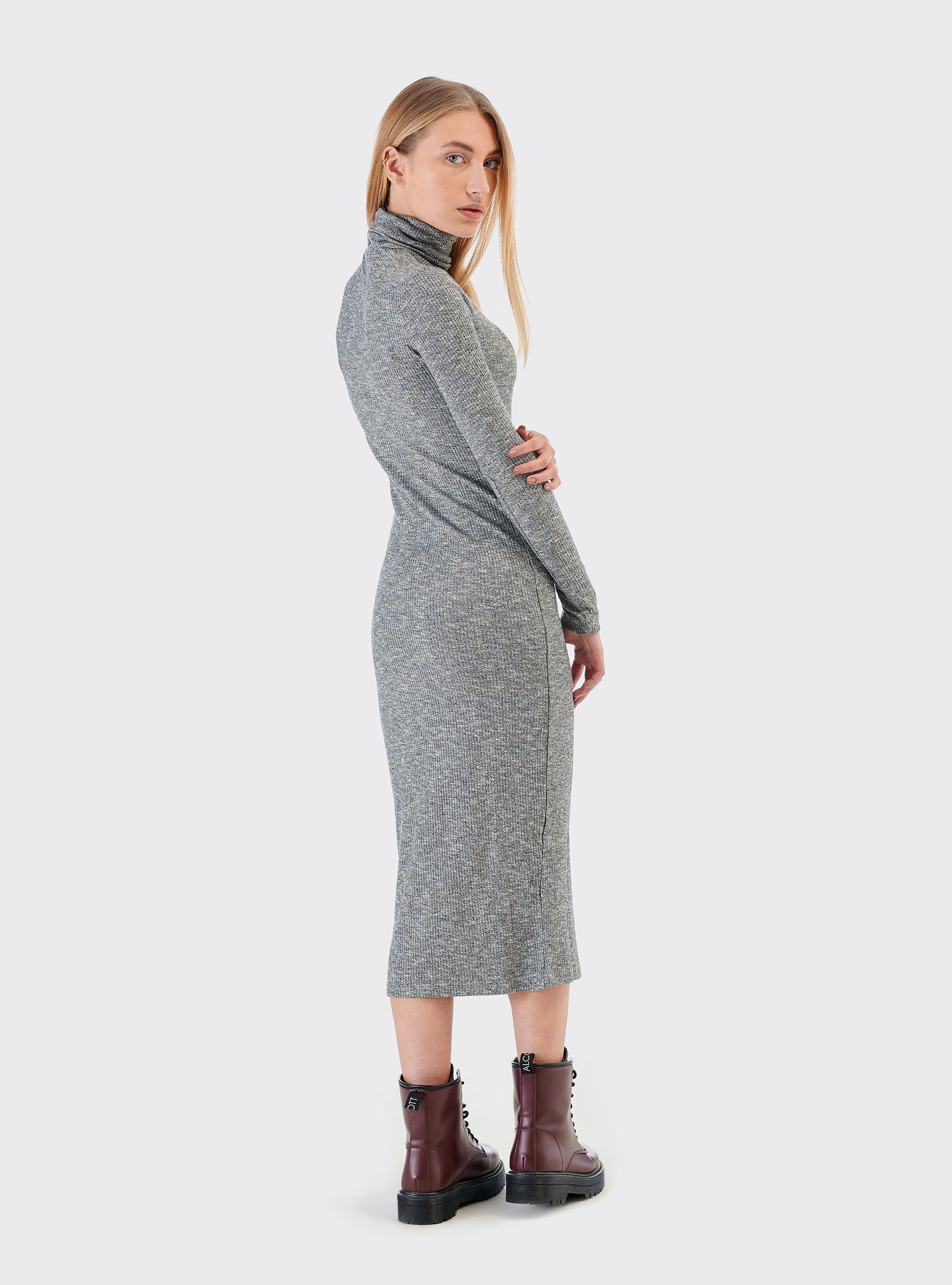 LONG DRESS WITH HIGH NECK, GREY MELANGE
