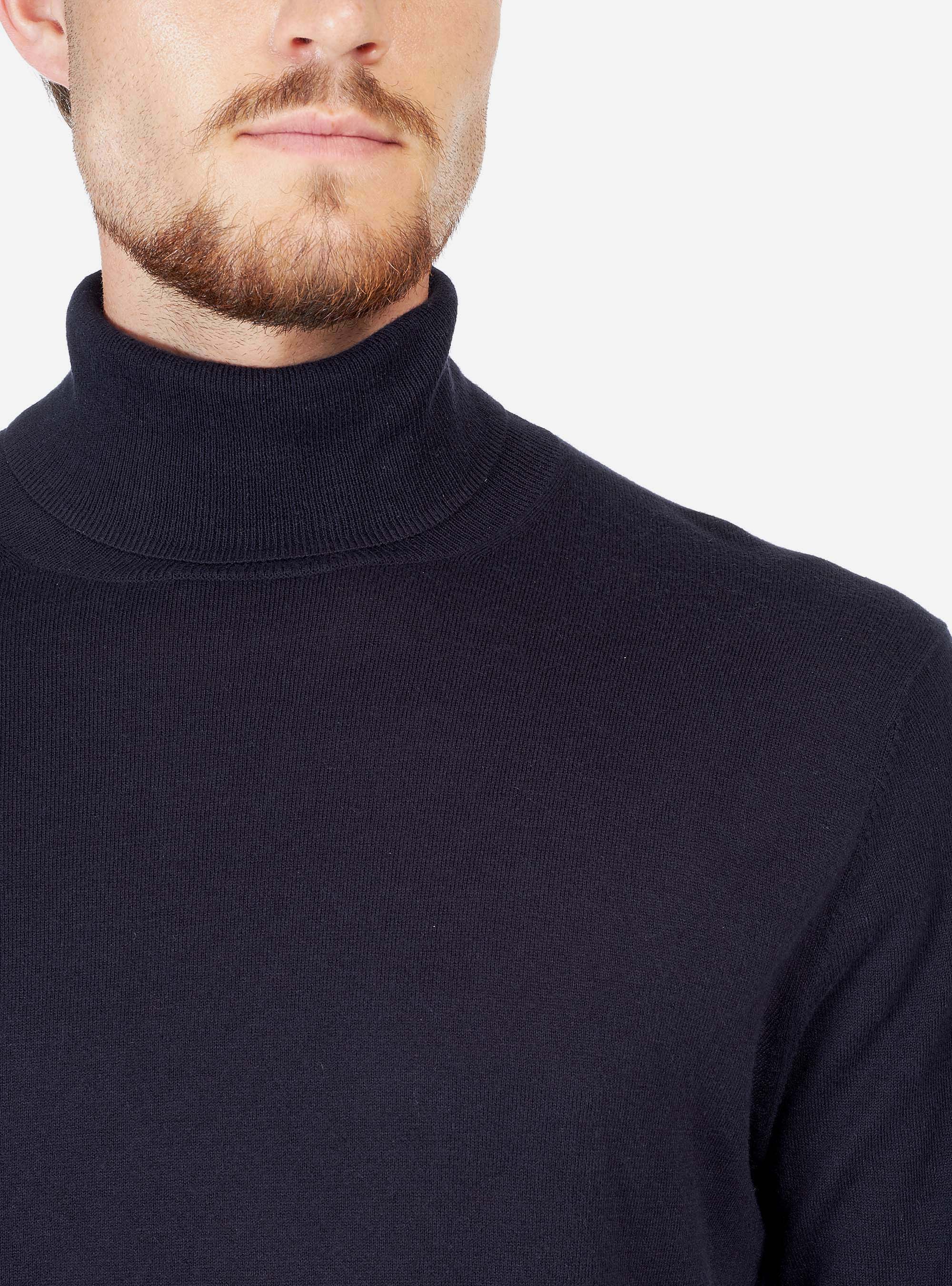 HIGH NECK SWEATER IN COTTON CASHMERE, BLUE NAVY