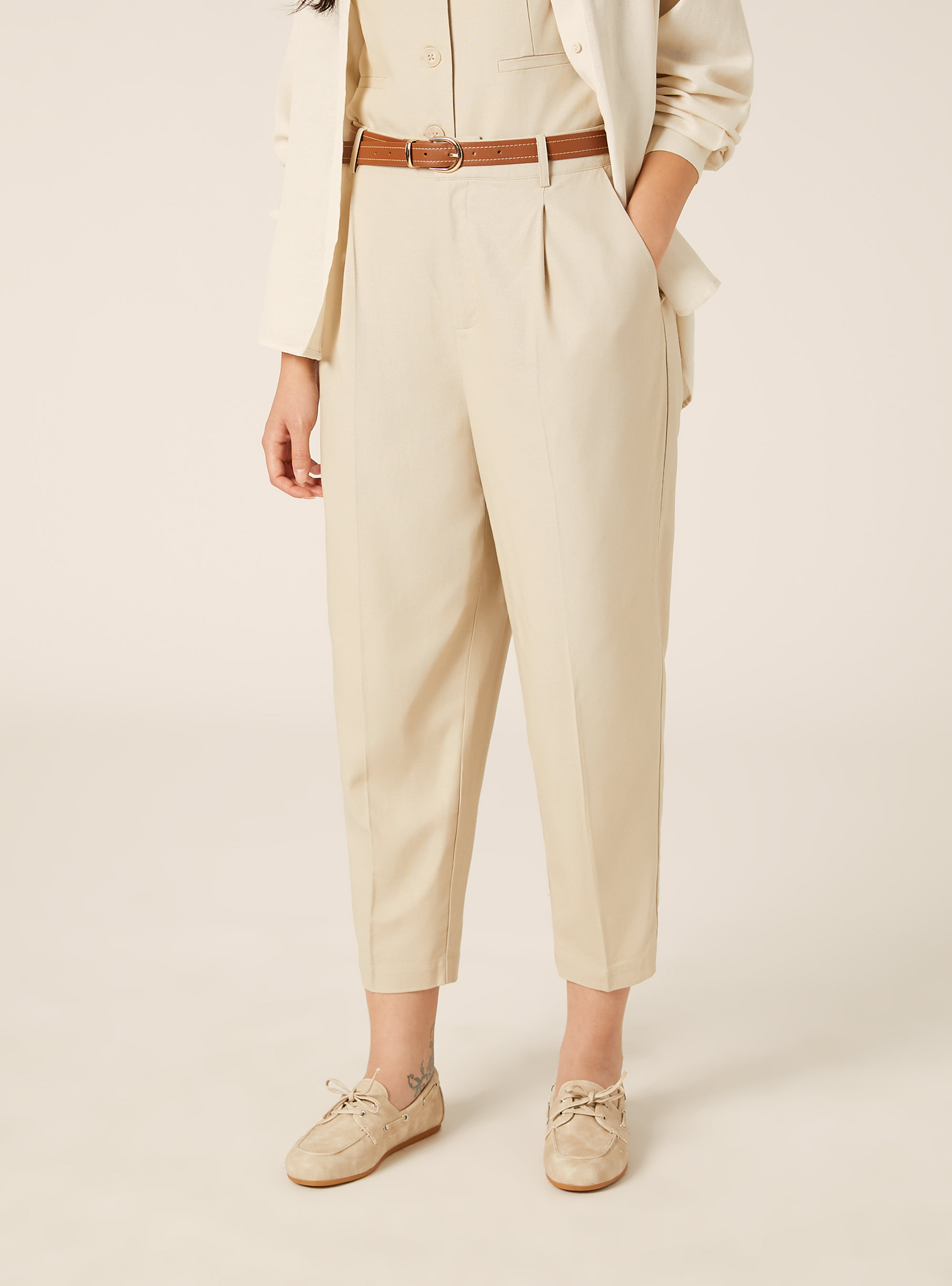Pantaloni dritti in misto lino con cintura, MBG2 BEIGE MEL MED