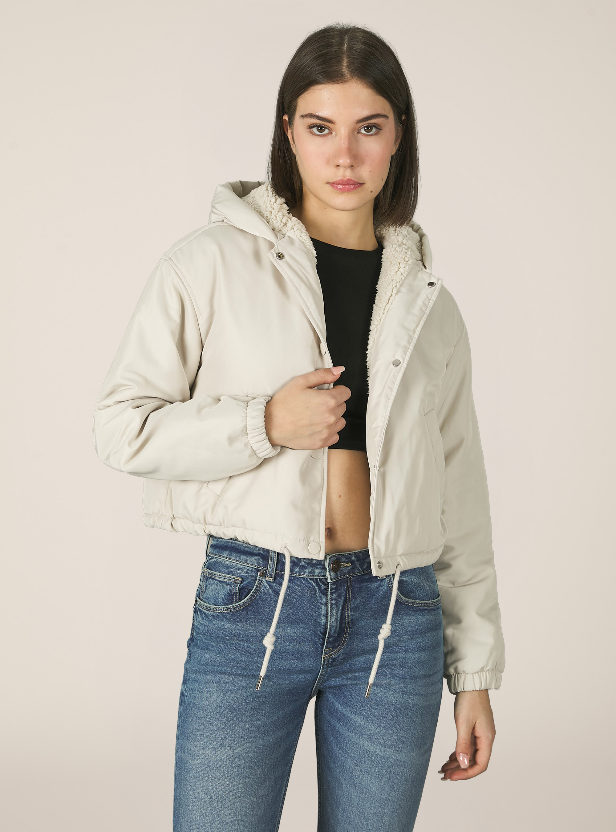 Cropped jacket with teddy lining, BG3 BEIGE LIGHT