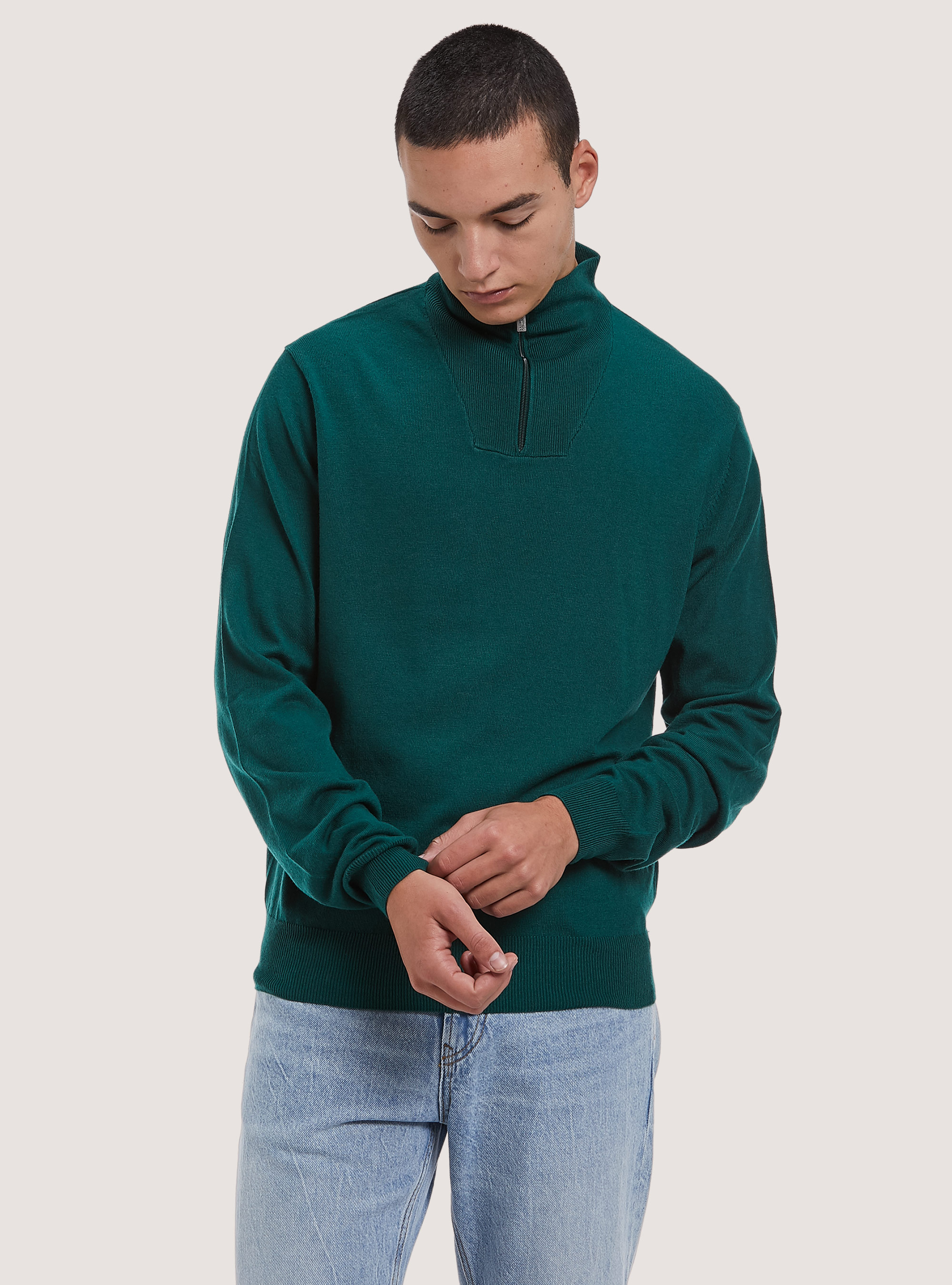 Merino wool zip half-neck pullover, GN2 GREEN MEDIUM