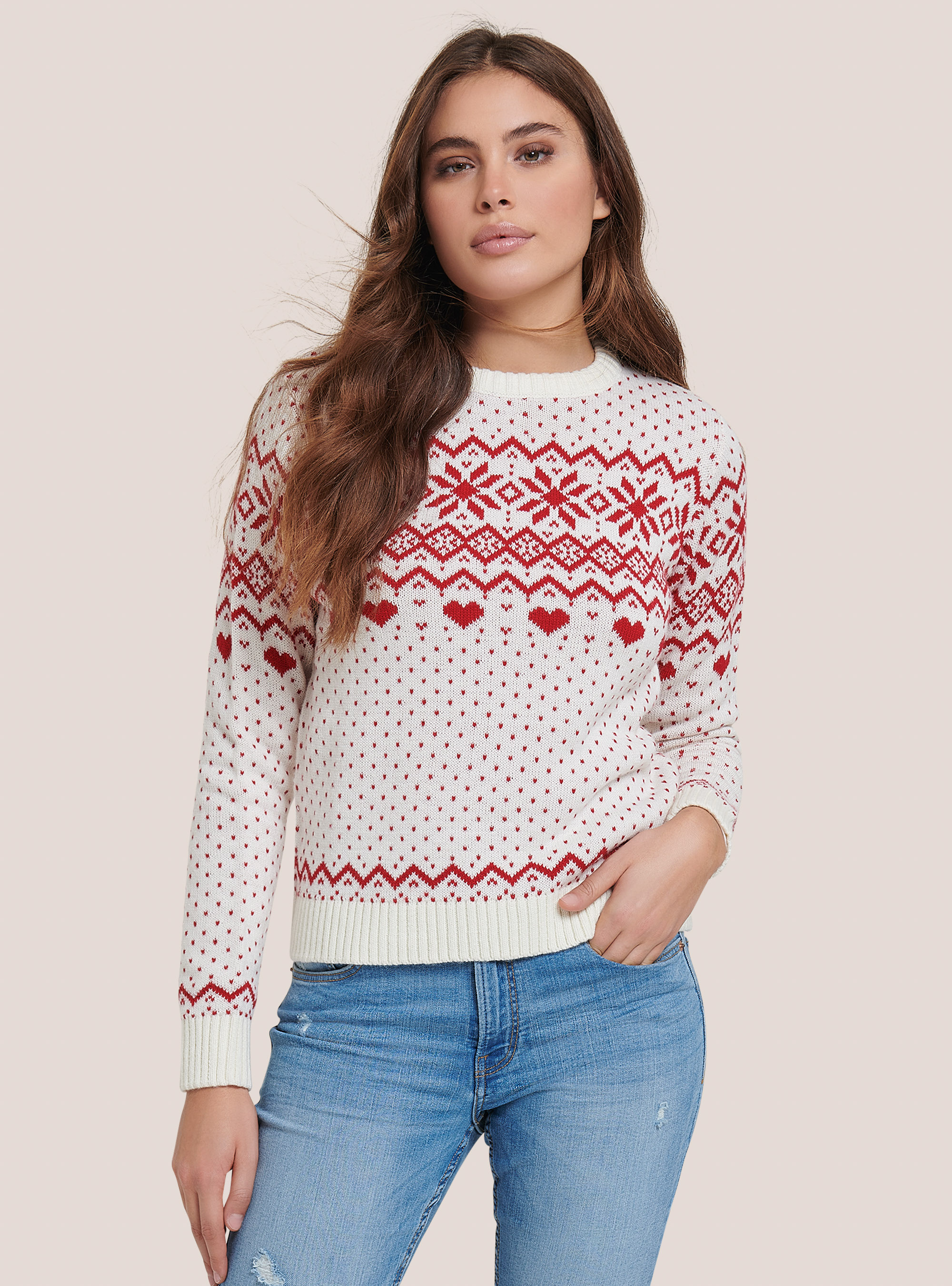 Christmas pullover with snowflakes and hearts, WHITE