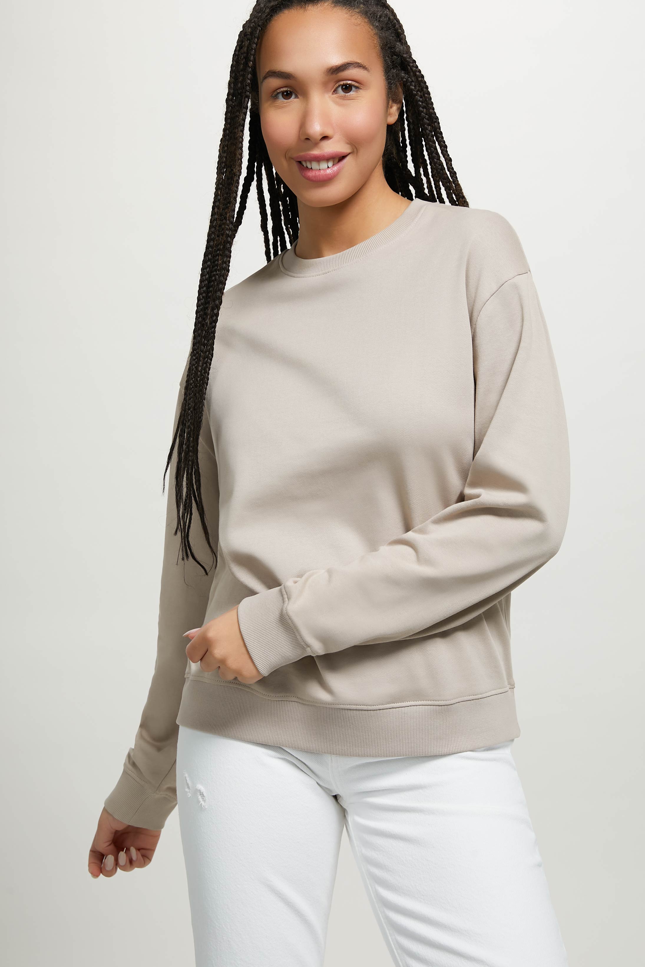 Sudadera lisa de algodón con cuello redondo, BG3 BEIGE LIGHT