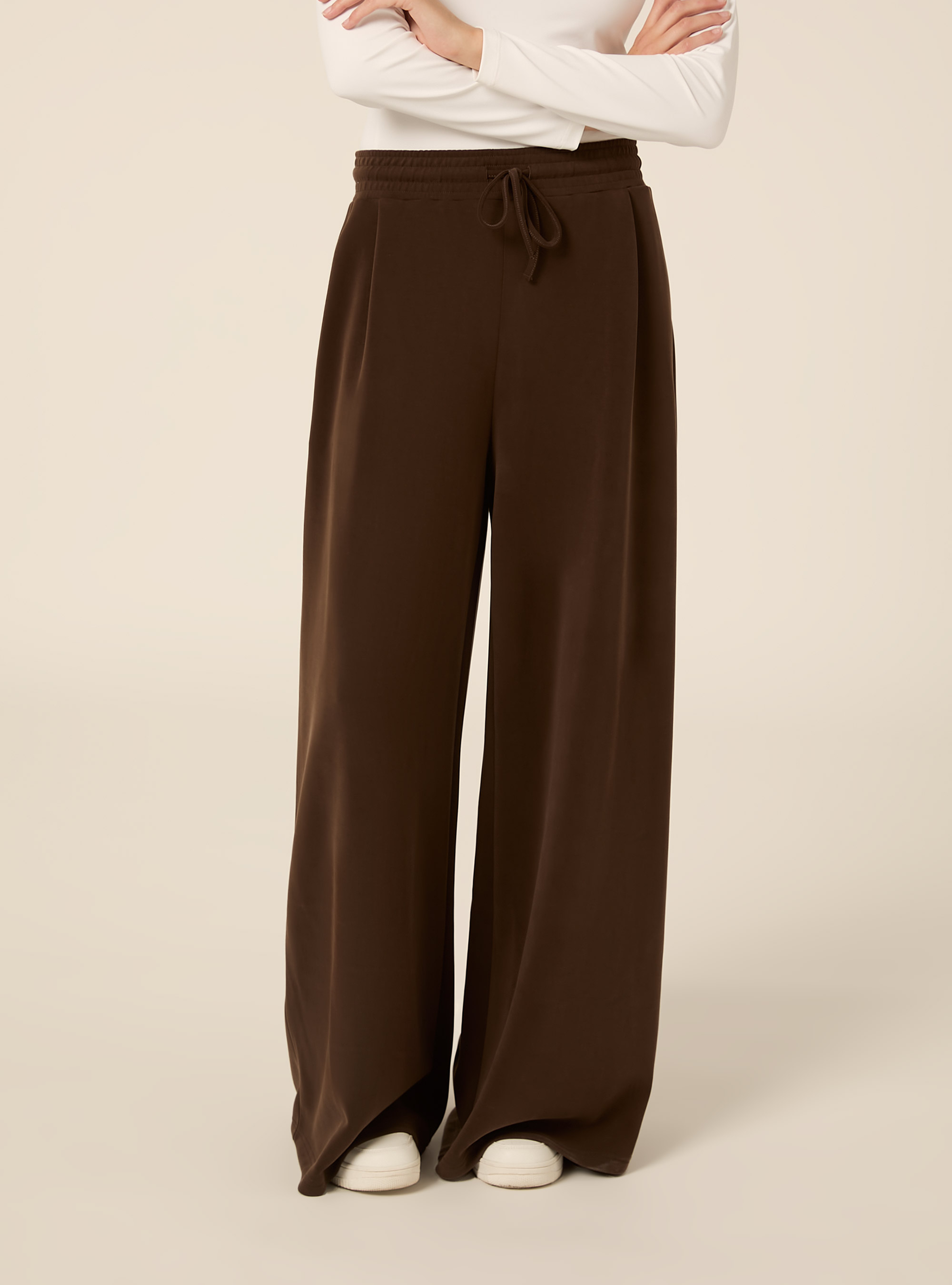 Pantaloni wide leg con pence in scuba, BR1 BROWN DARK