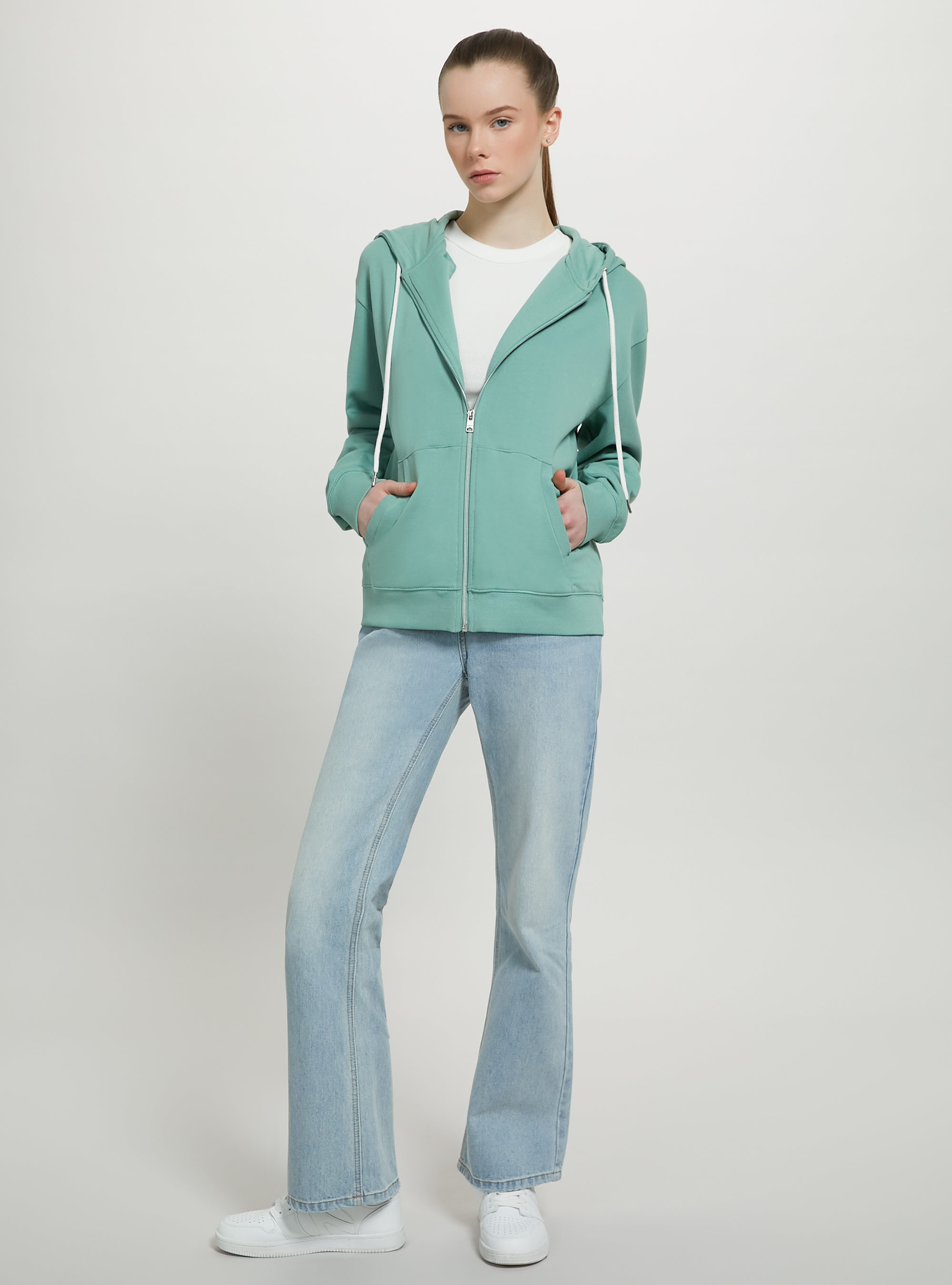 Sudadera básica de algodón con capucha y cremallera, C6730 GREEN