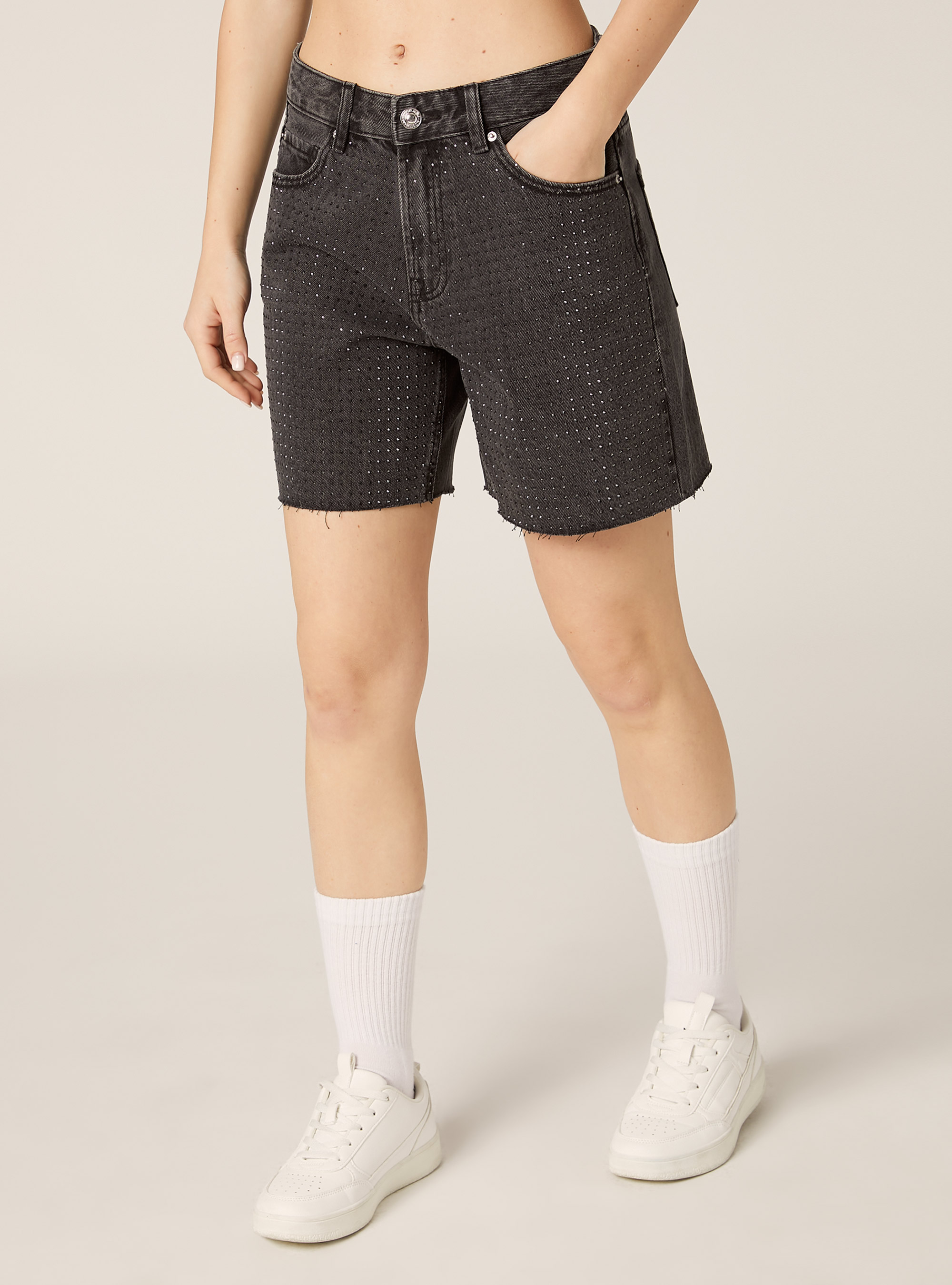 Longline denim shorts with rhinestones, D000 BLACK