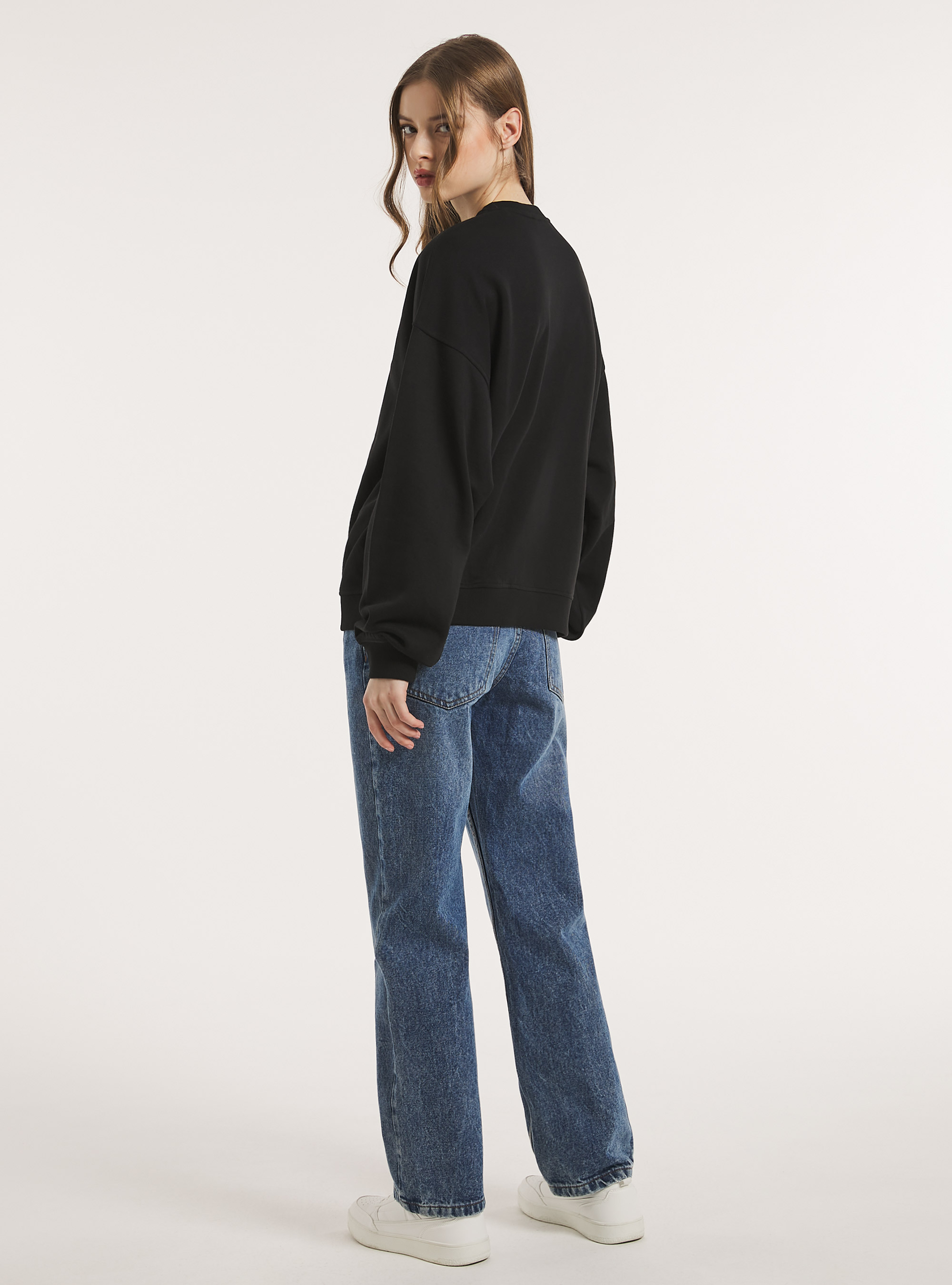Plain cotton crew-neck sweatshirt, BK1 BLACK