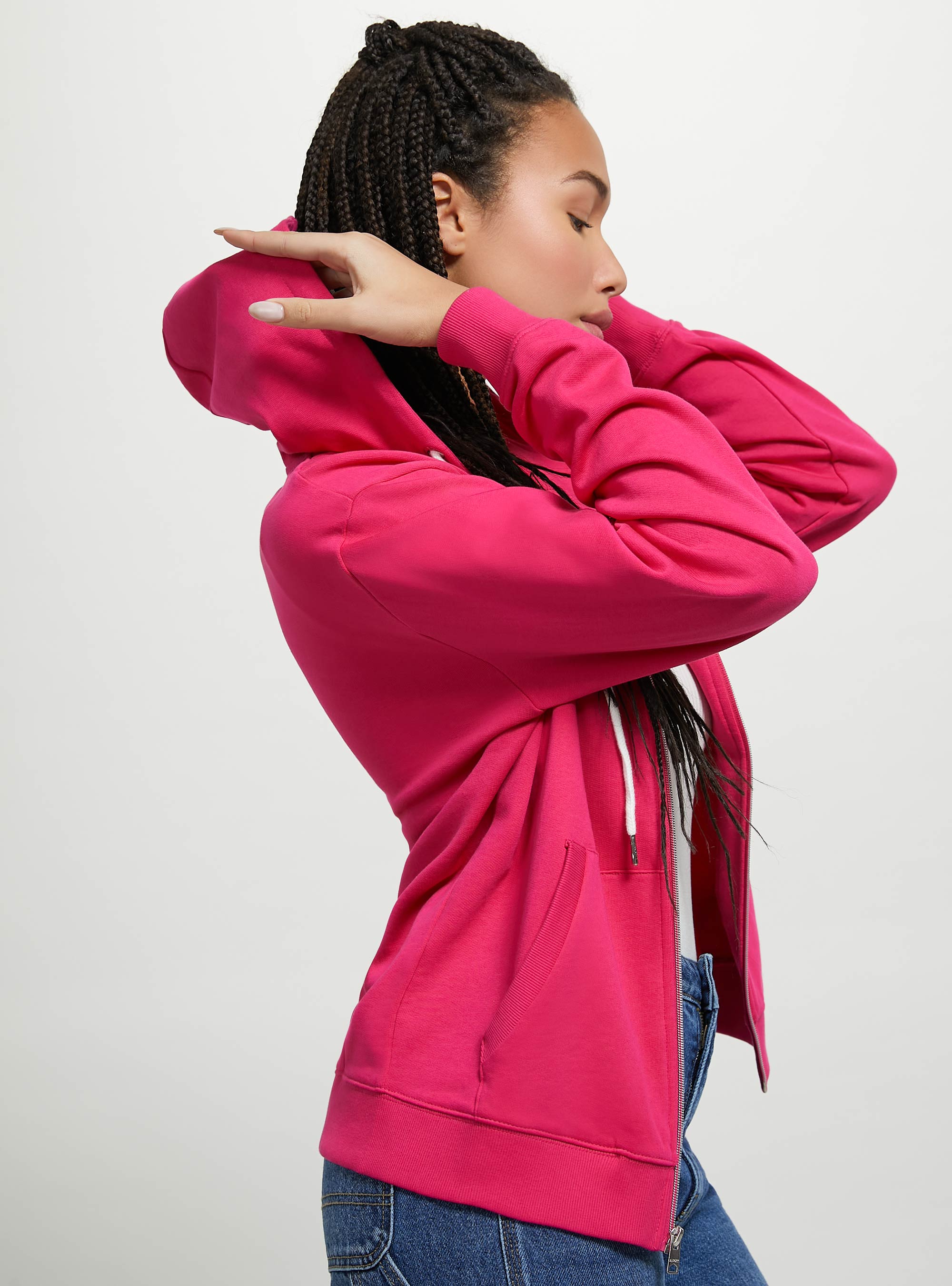 Felpa basic in cotone con zip e cappuccio, FUXIA