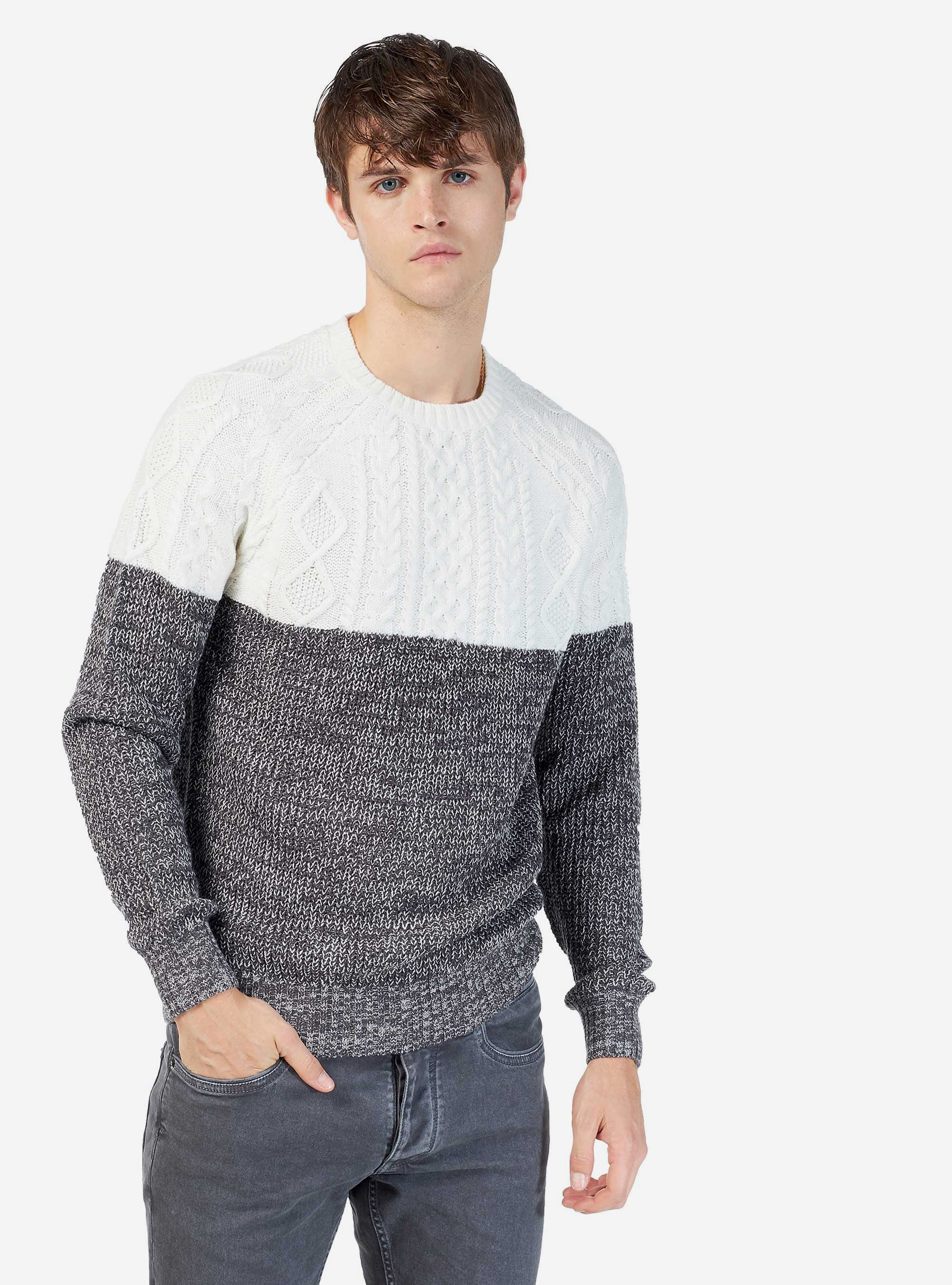 BRAIDED COLOR BLOCK PULLOVER, OFF-WHITE