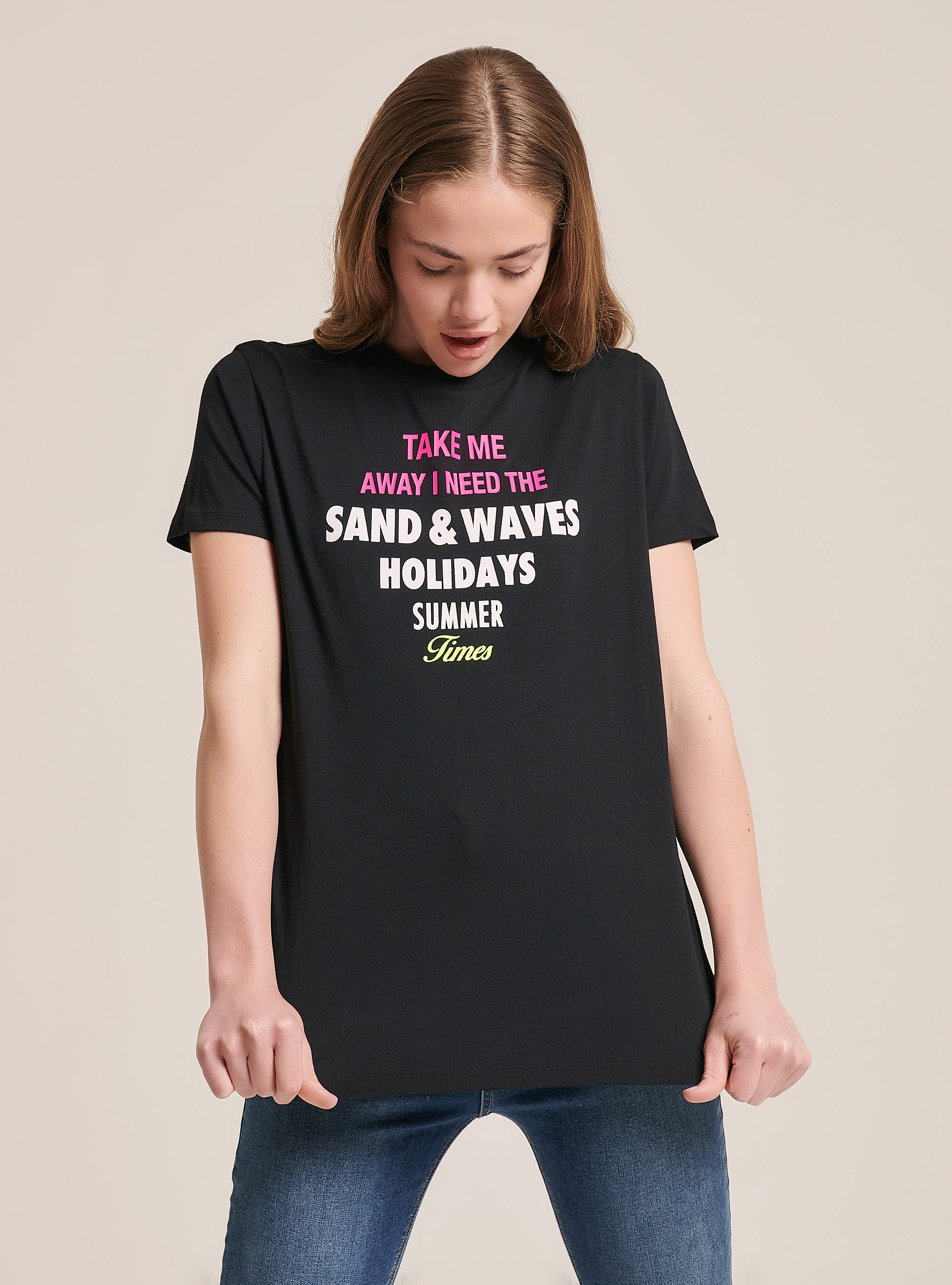 T-shirt col rond avec imprimé, C101 BLACK