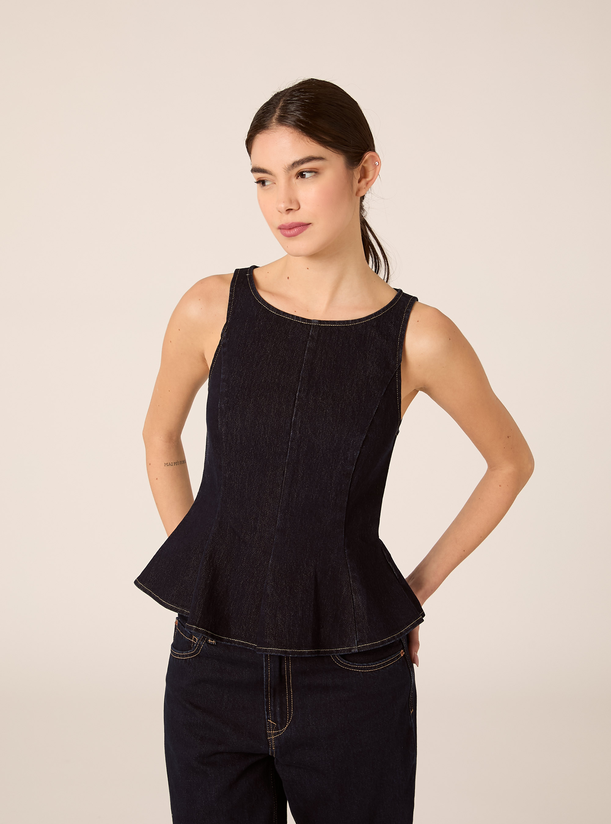 Top baschina in denim senza maniche, D001 DEEP BLUE