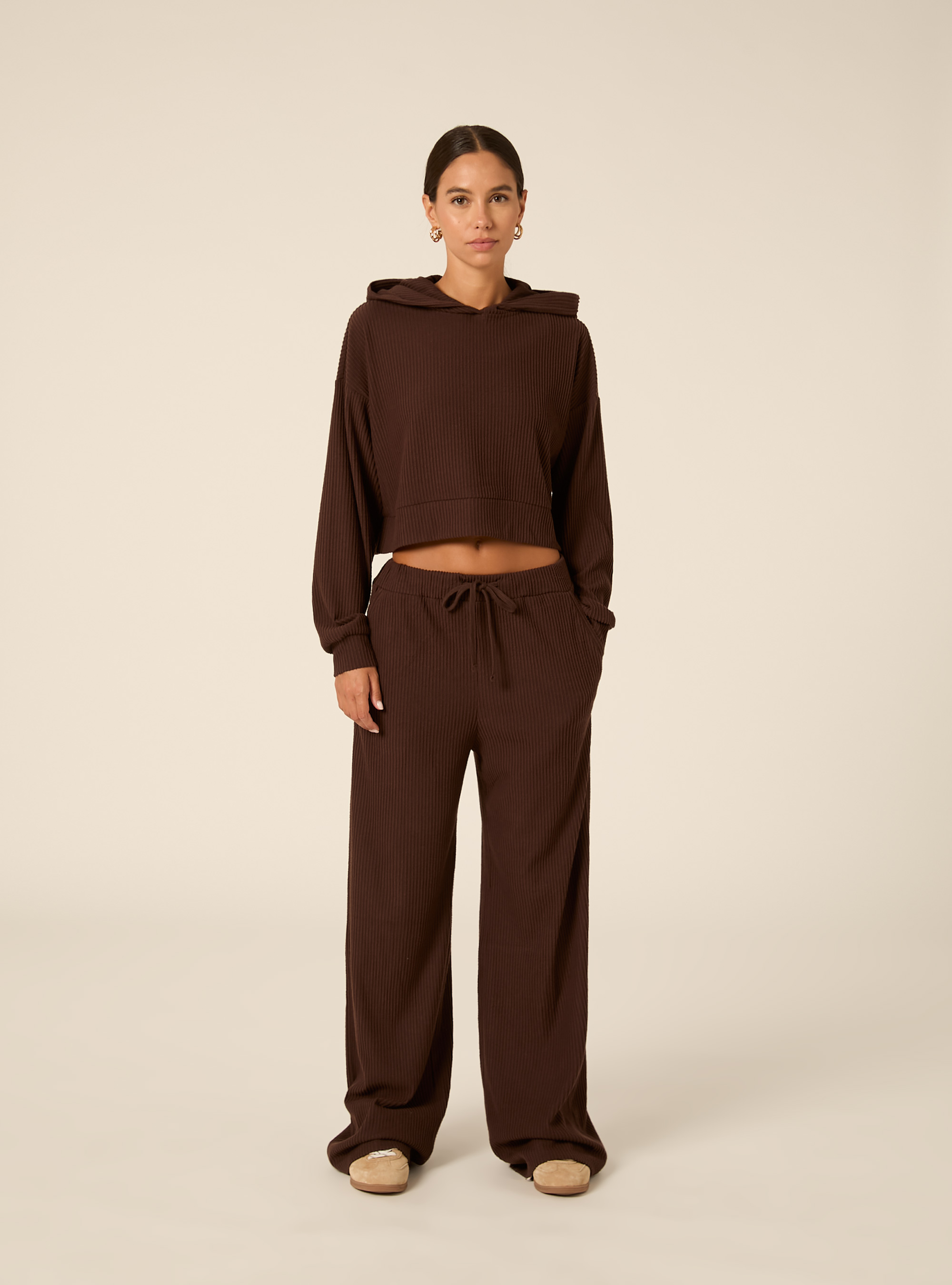 Jogger wide leg a coste, BR1 BROWN DARK