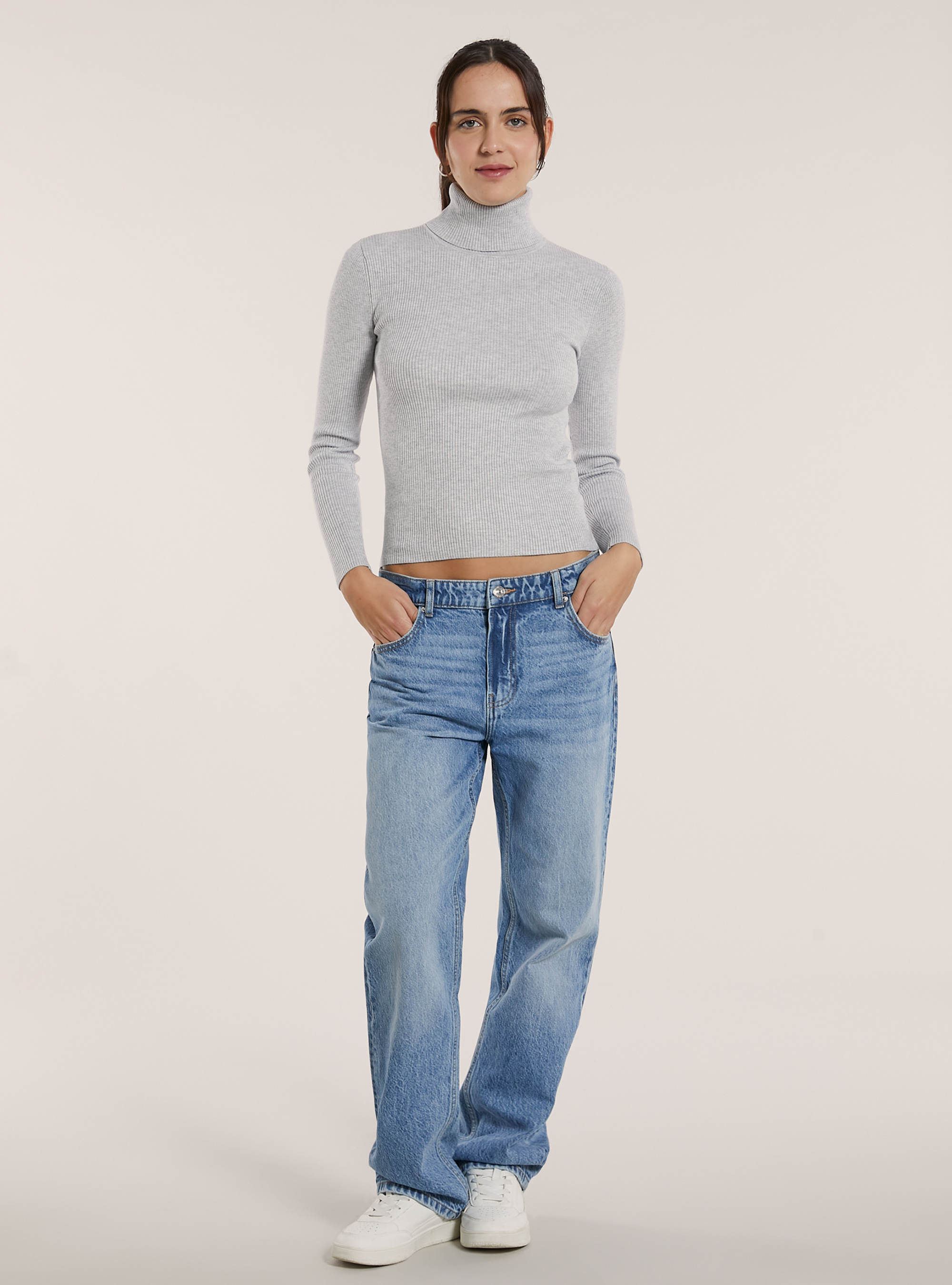 Maglia a collo alto a coste, MGY2 GREY MEL MEDIUM