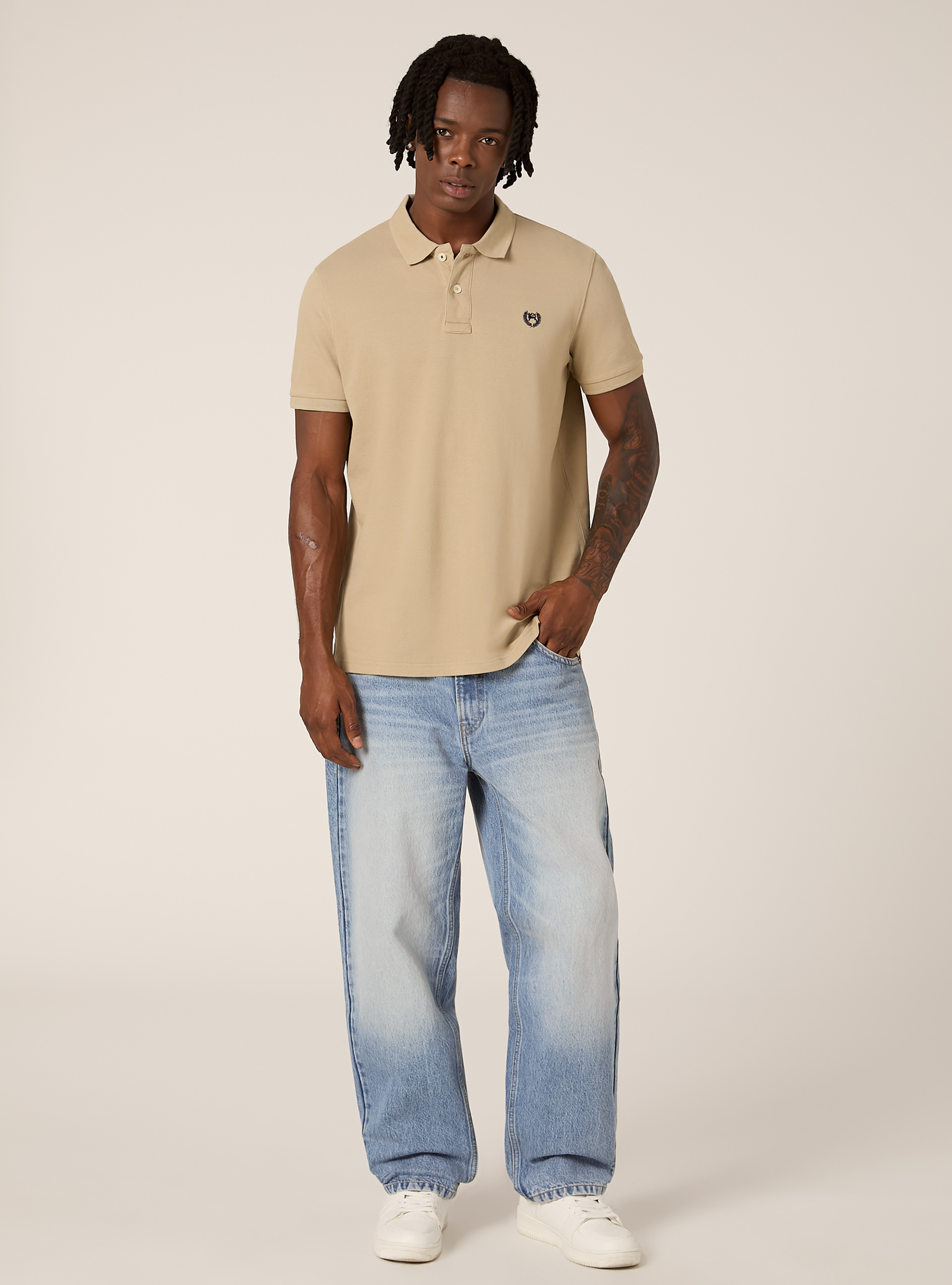 Cotton piqu&eacute; polo shirt with embroidery, BG2 BEIGE MEDIUM