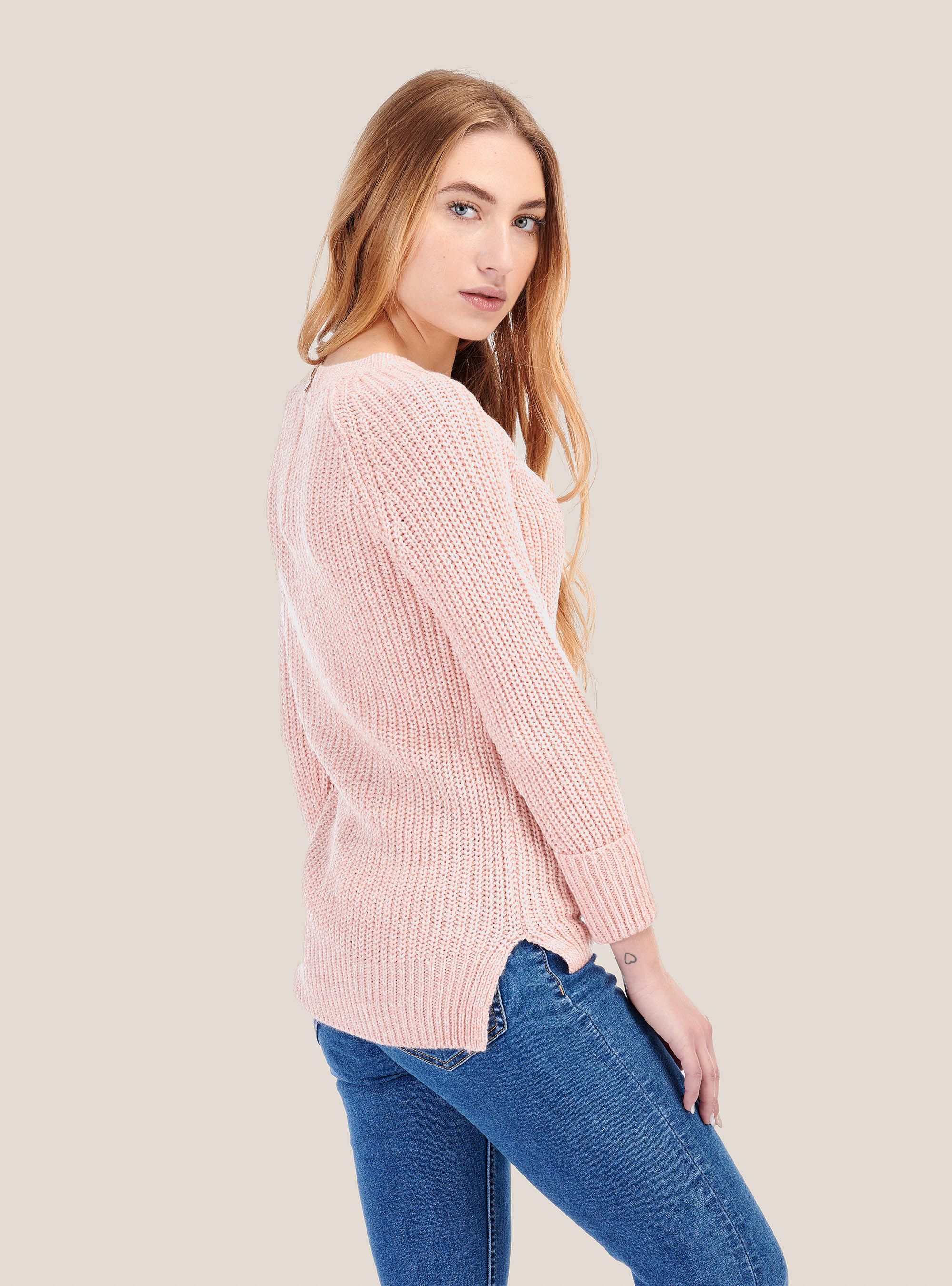 Pullover girocollo con zip dietro, ROSA