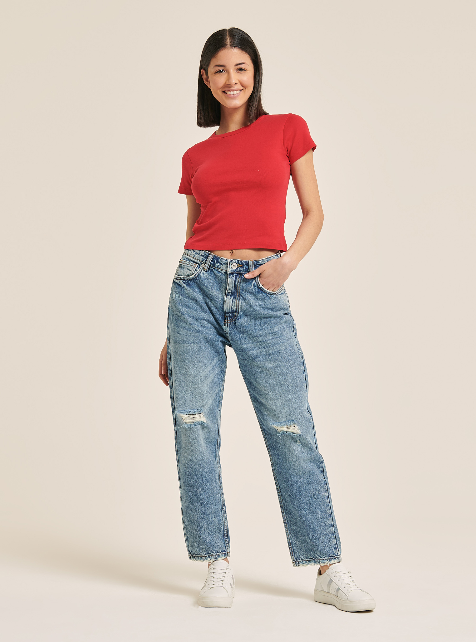 T-shirt côtelé crop, C3393 RED