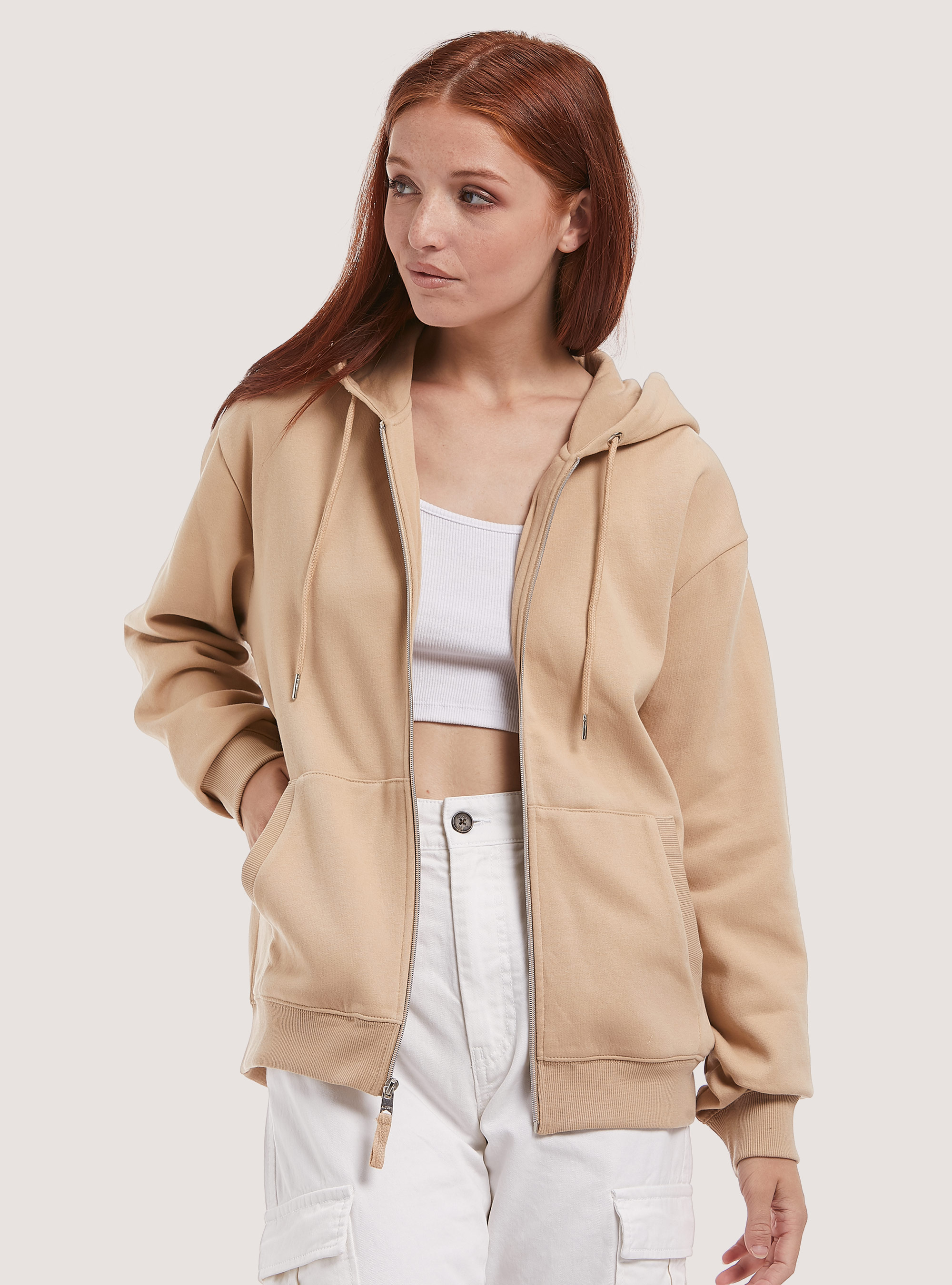 Sudadera con cremallera de algodón, BG2 BEIGE MEDIUM