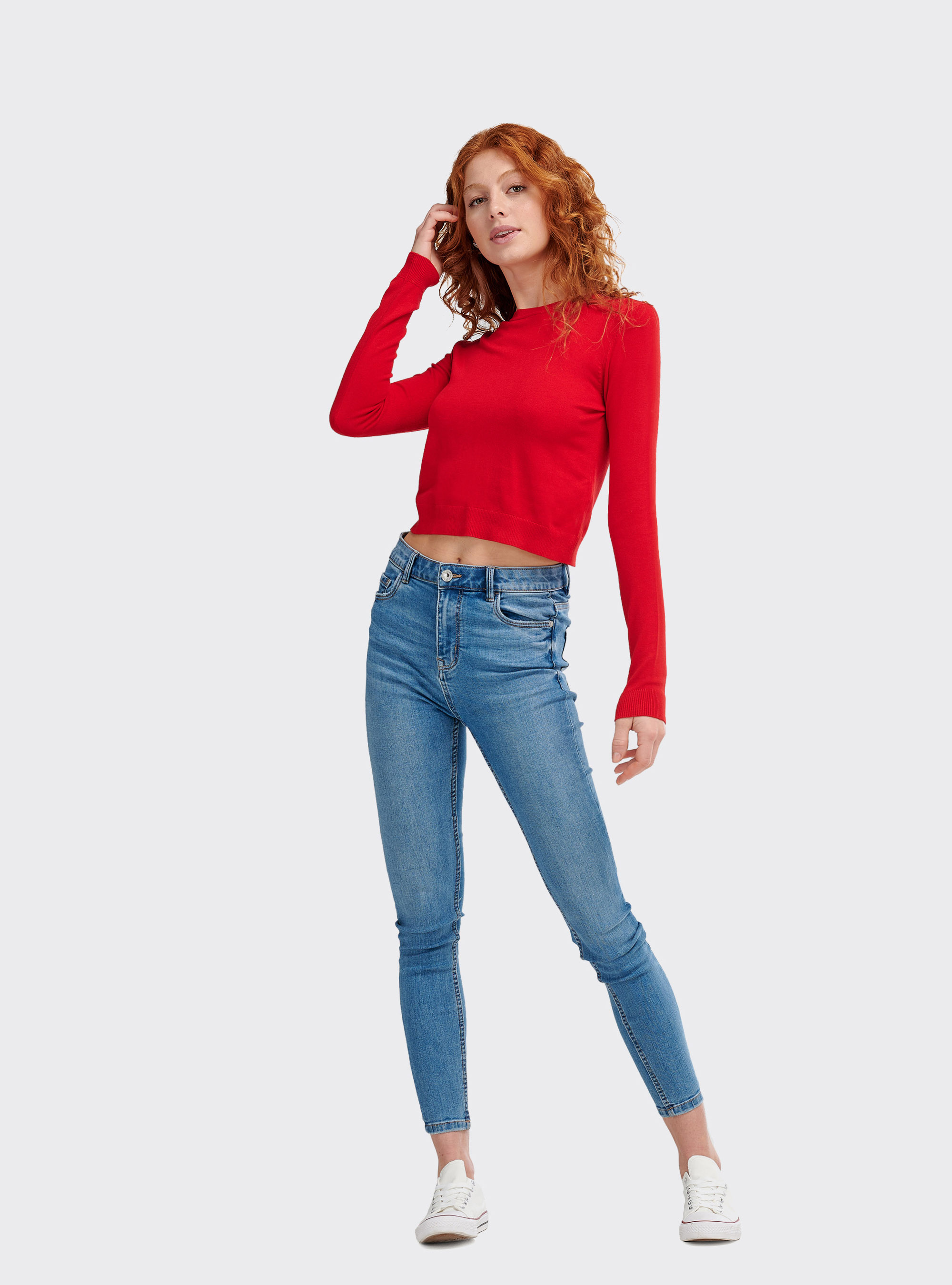 Kurz geschnittener Basic-Pullover mit bequemer Passform, C4412 RED