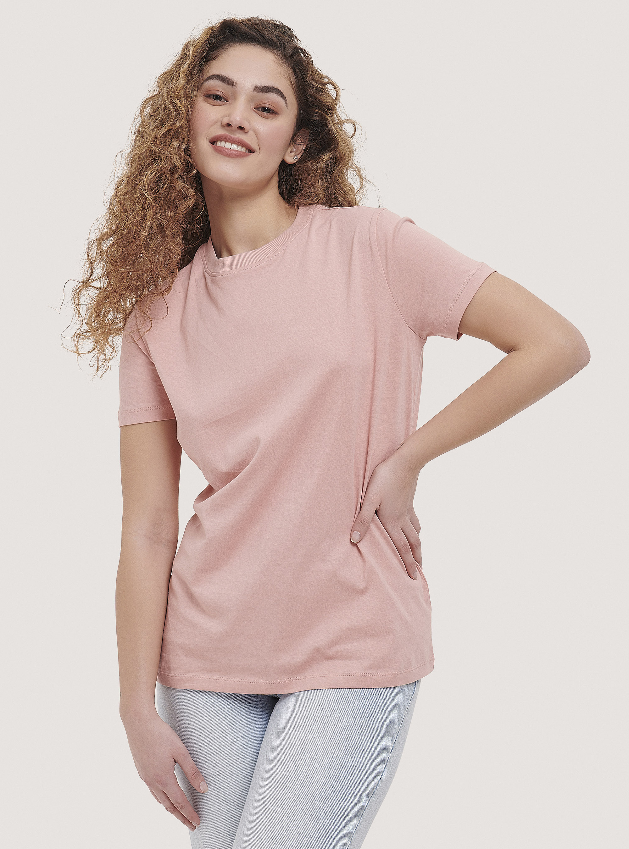 Camiseta b&aacute;sica de algod&oacute;n con cuello redondo, ROSA