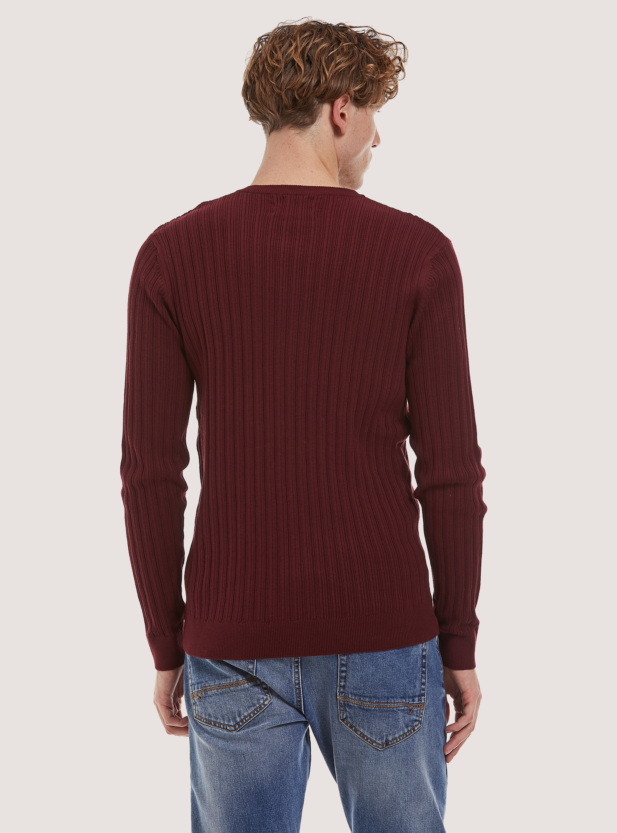 Crew-neck pullover with texture, BO2 BORDEAUX MEDIUM