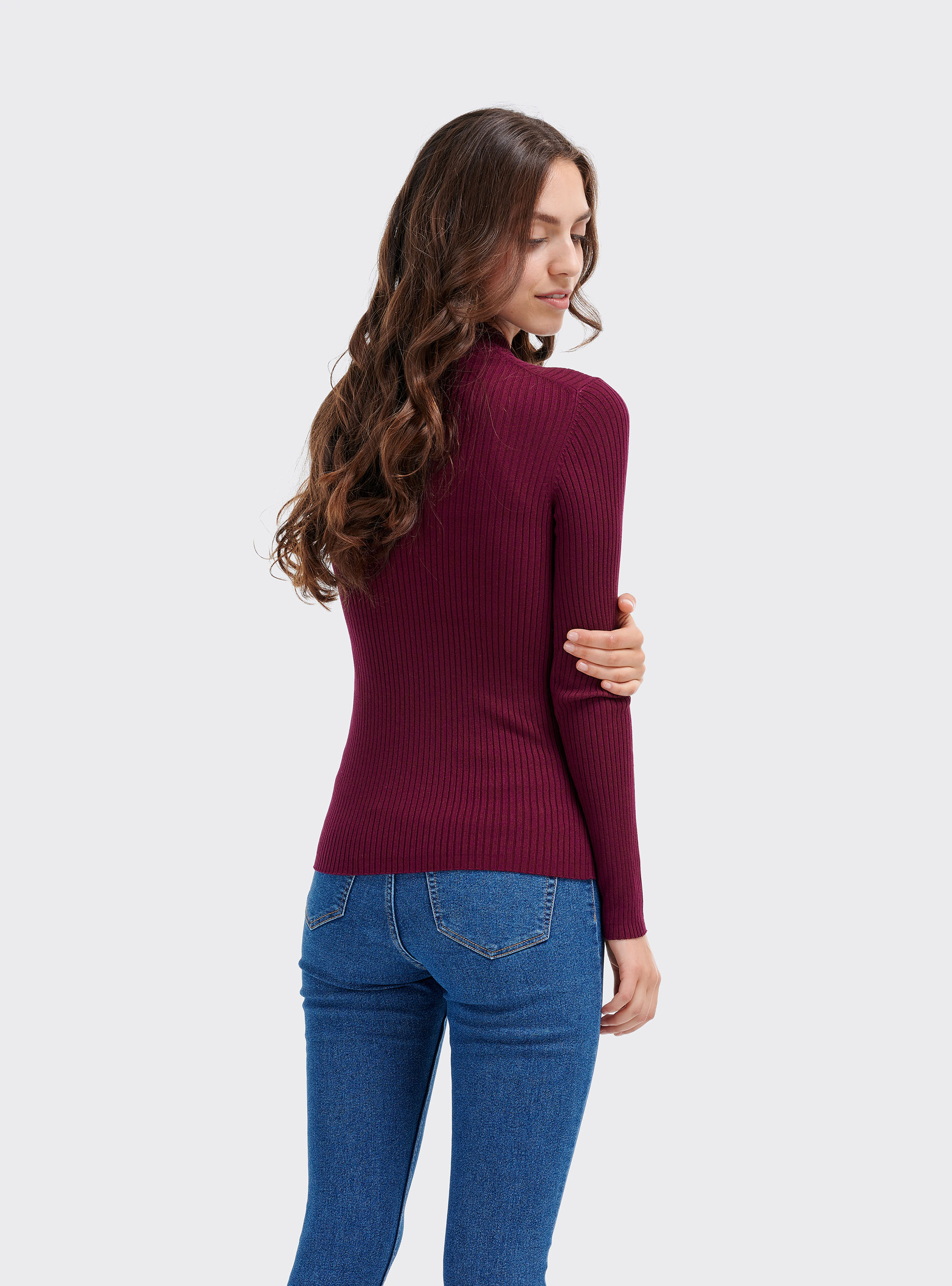 Half-neck pullover in ribbed knit, BORDEAUX