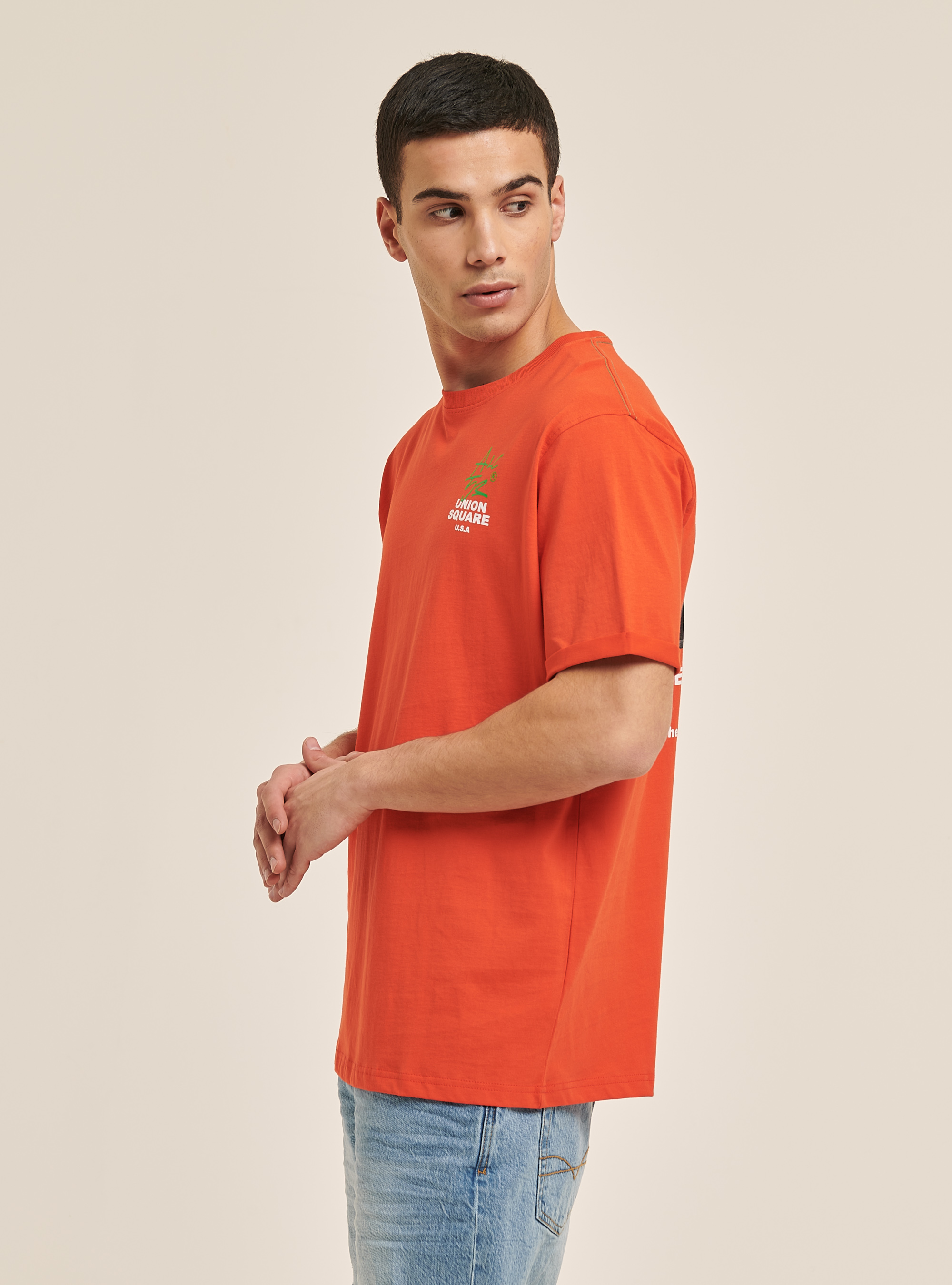 T-shirt avec impression graphique sur le devant et le dos, C321 ORANGE