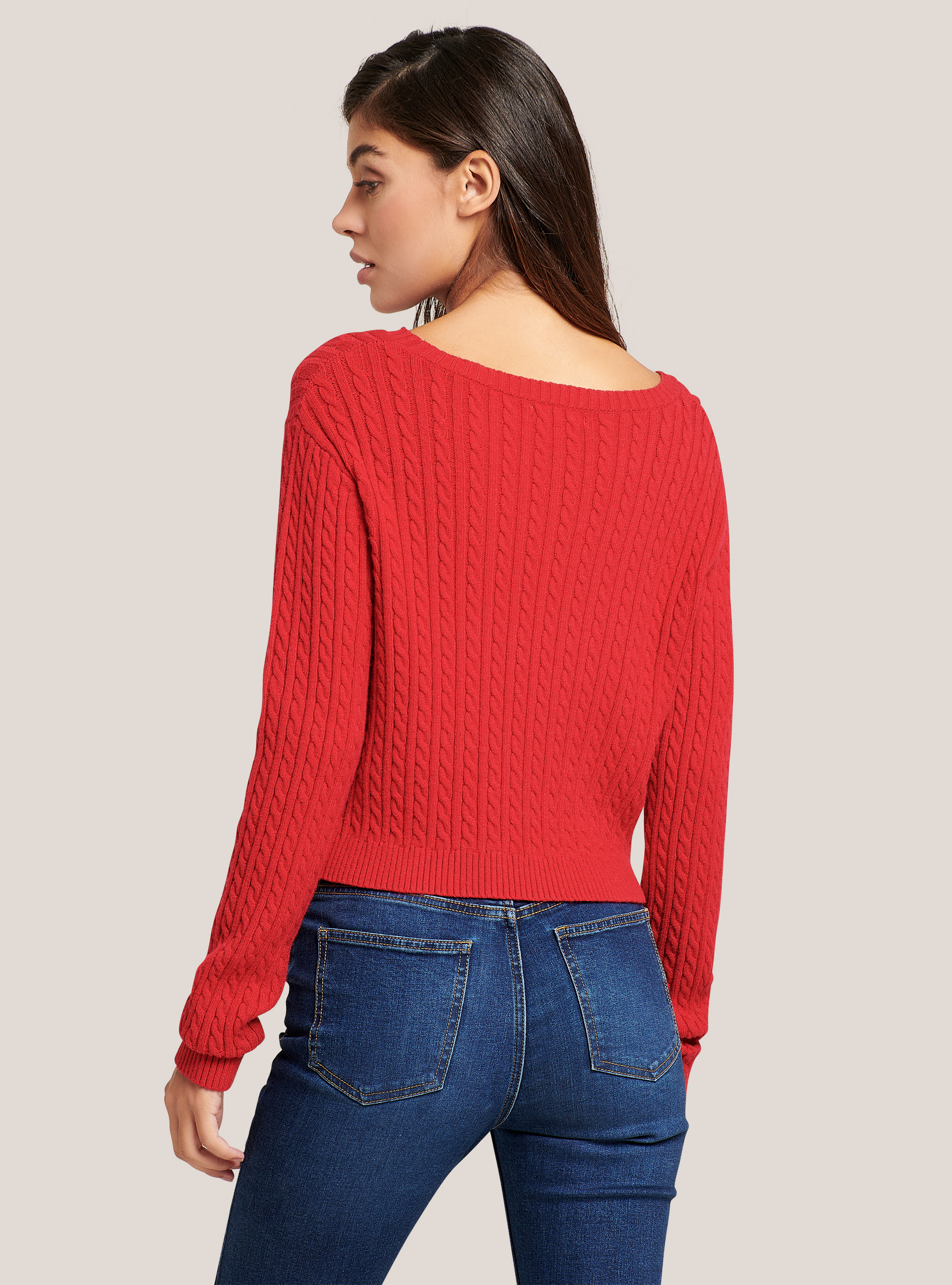 Suéter recortado con trenzas de tacto suave, ROJO