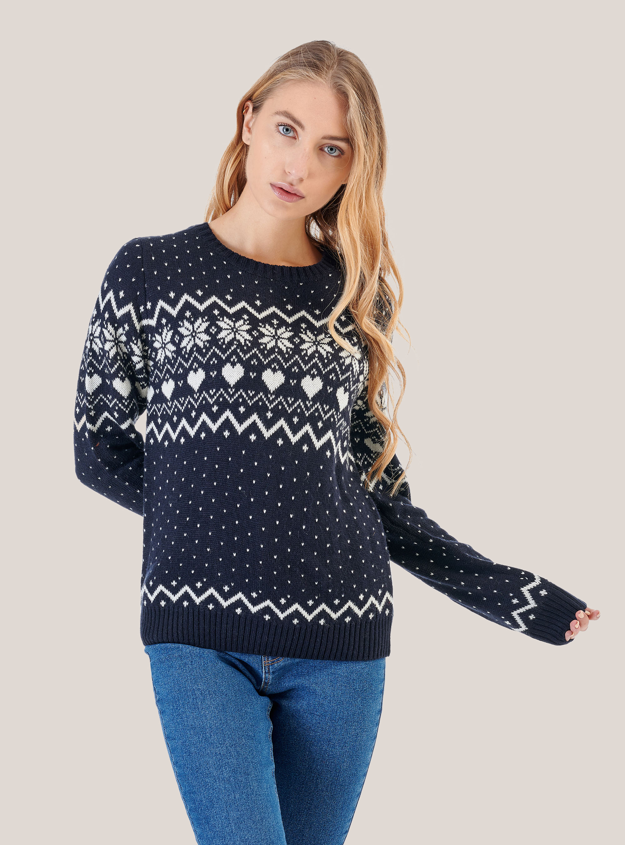 JERSEY DE CUELLO REDONDO CON MOTIVOS NAVIDEÑOS, AZUL MARINO