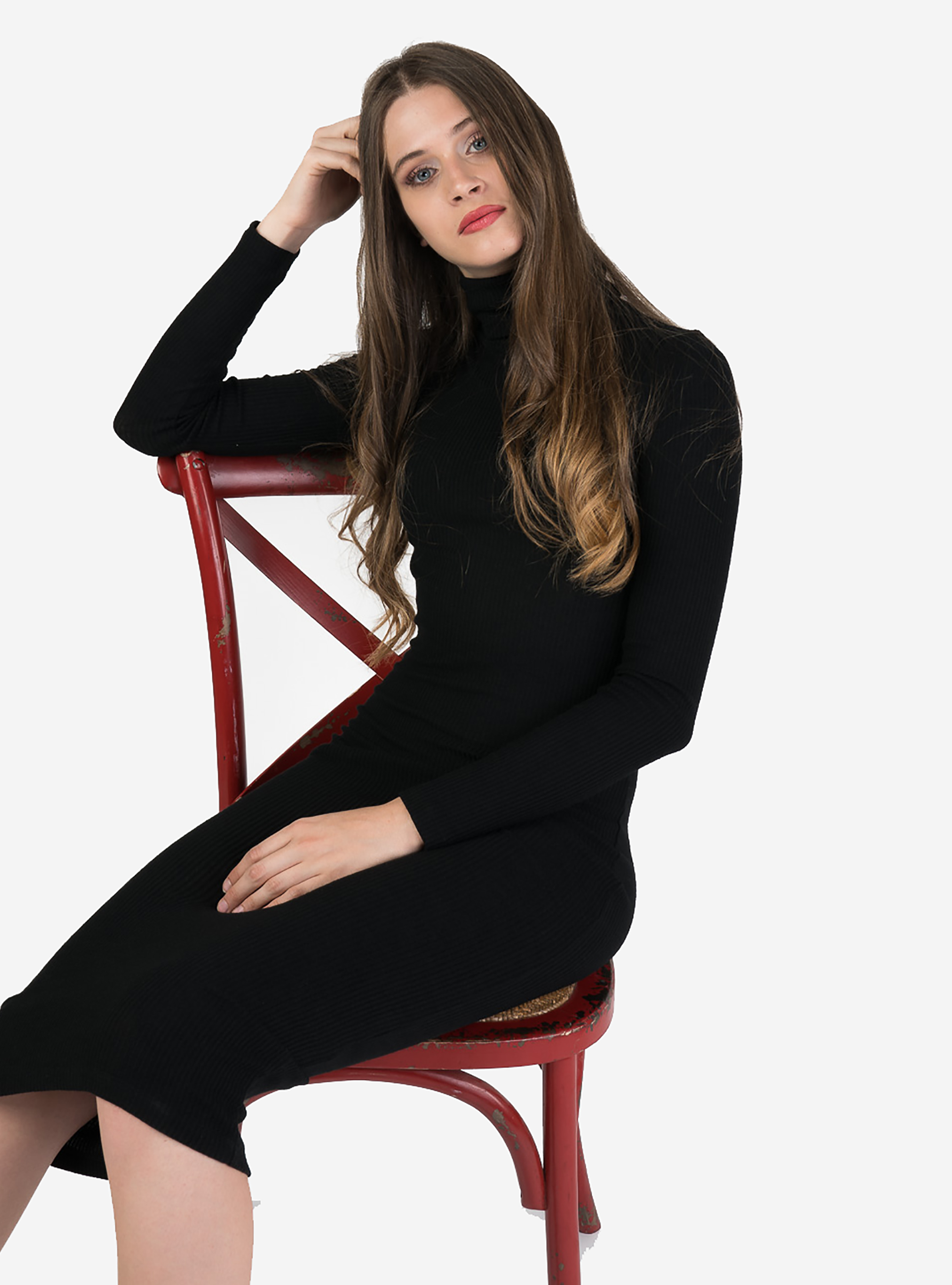 Robe longue &agrave; col montant, C101 BLACK