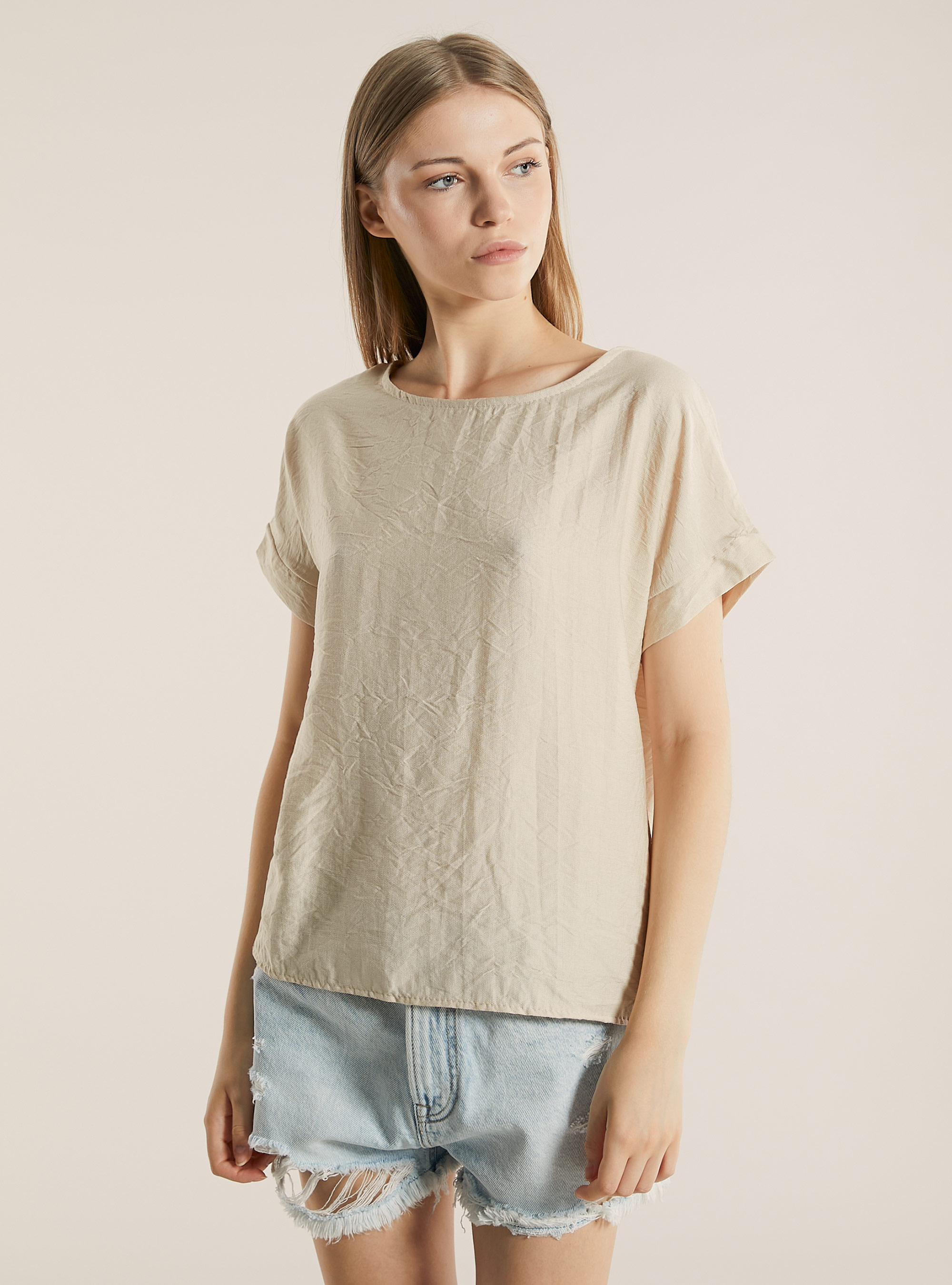 Blusa in canneté in tinta unita, BG2 BEIGE MEDIUM