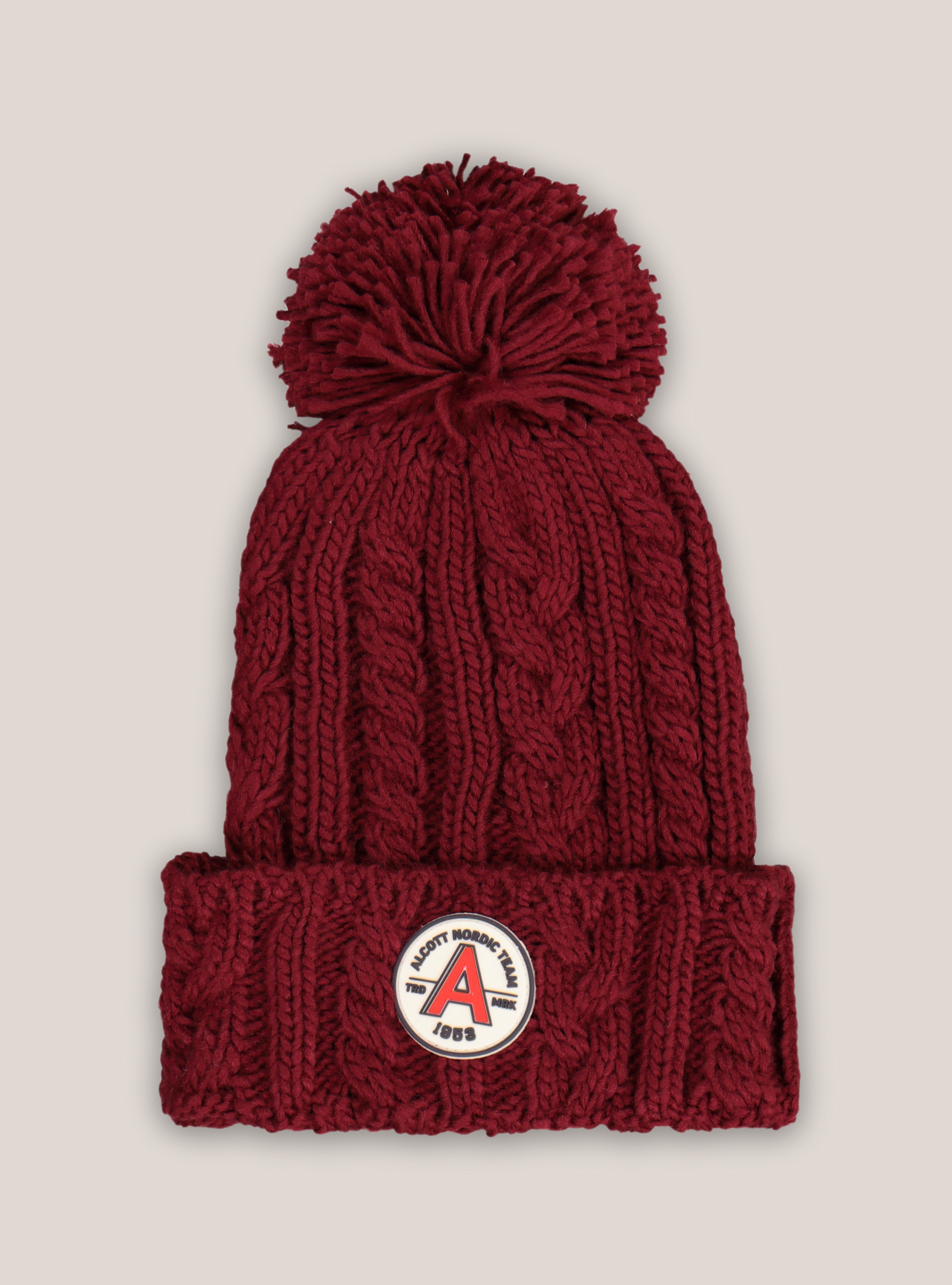 HAT WITH PON PON AND PATCH, BORDEAUX