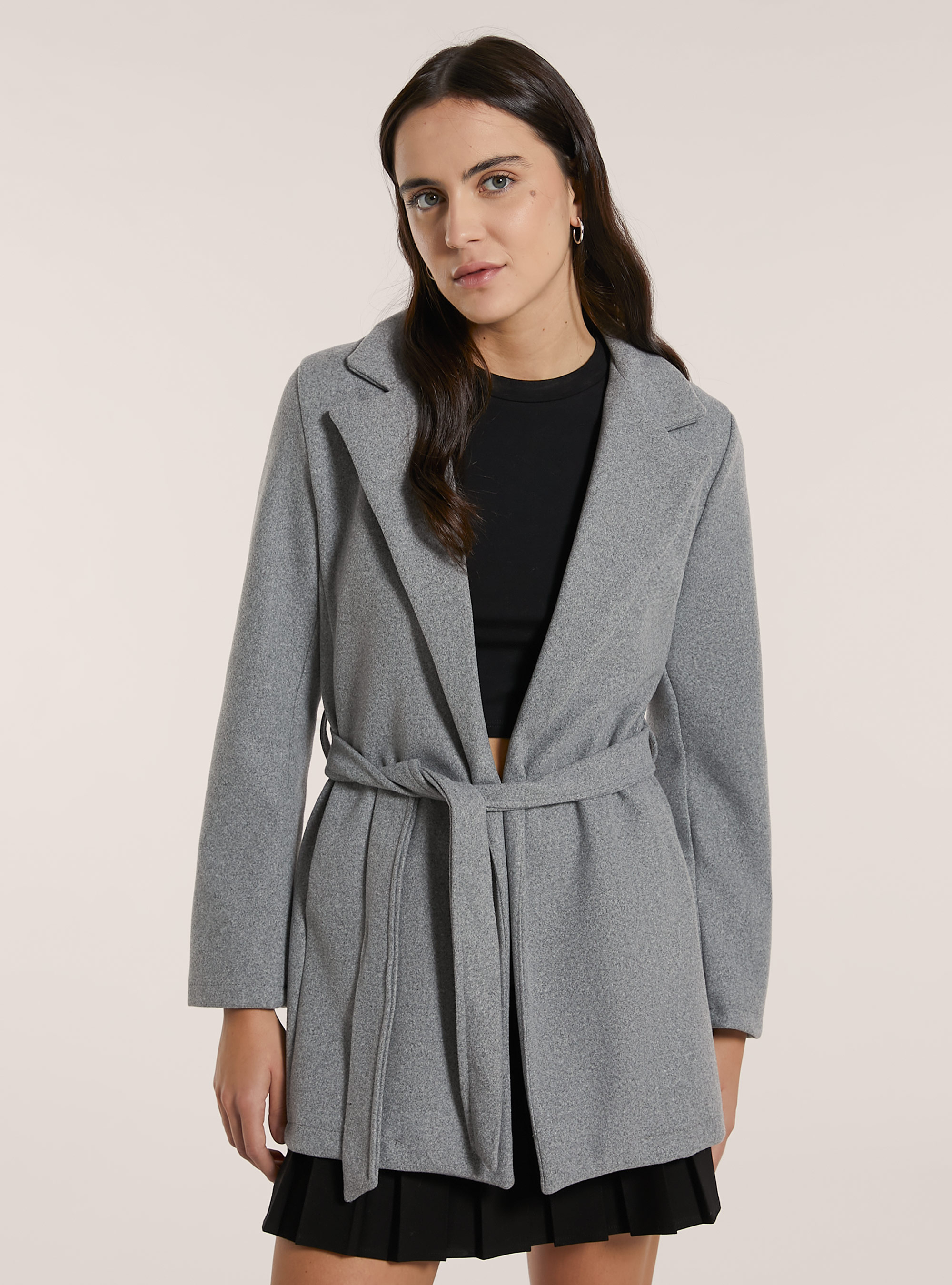 Cappotto in panno con cintura, MGY2 GREY MEL MEDIUM