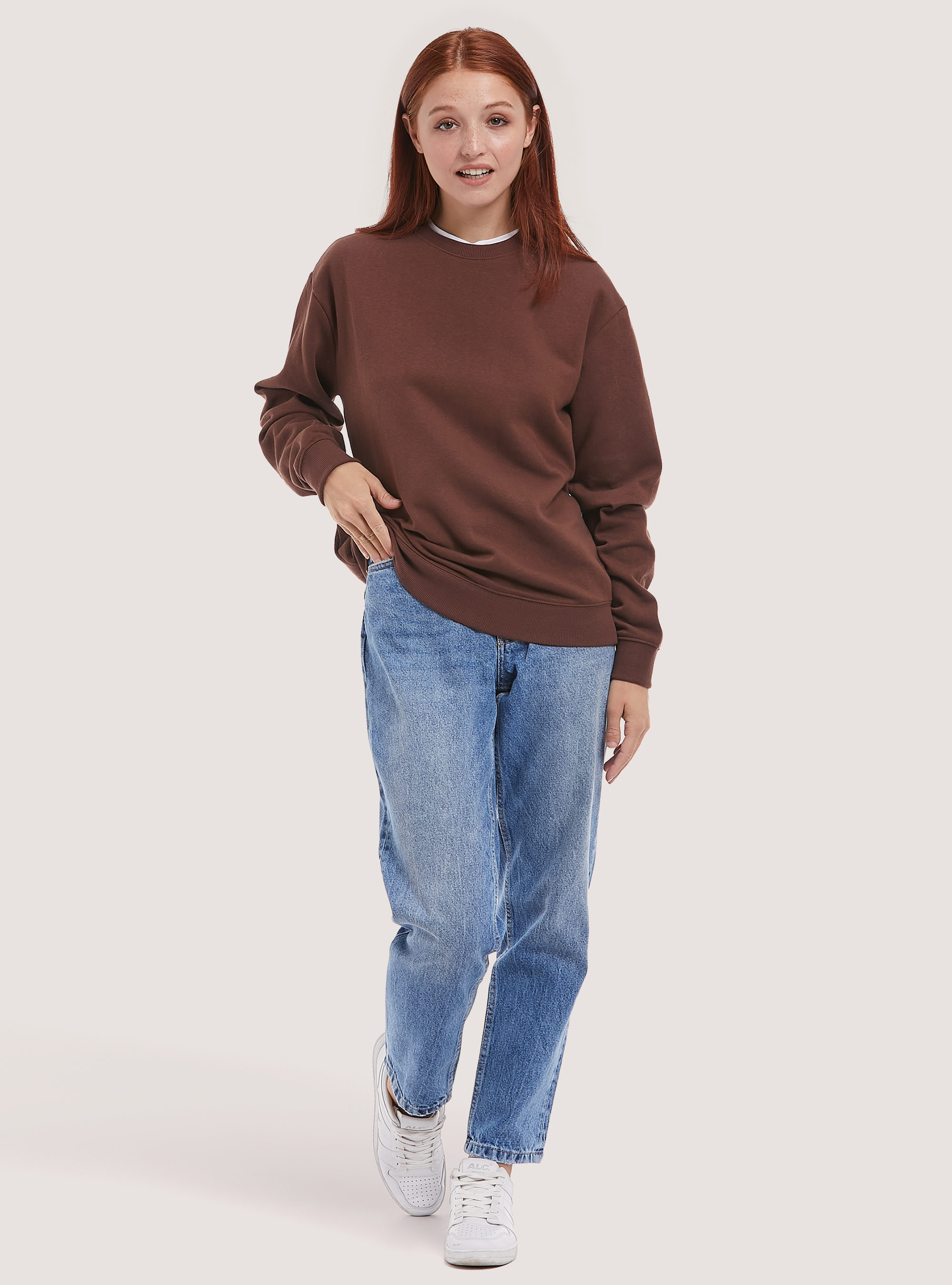 Plain cotton crew-neck sweatshirt, BR2 BROWN MEDIUM