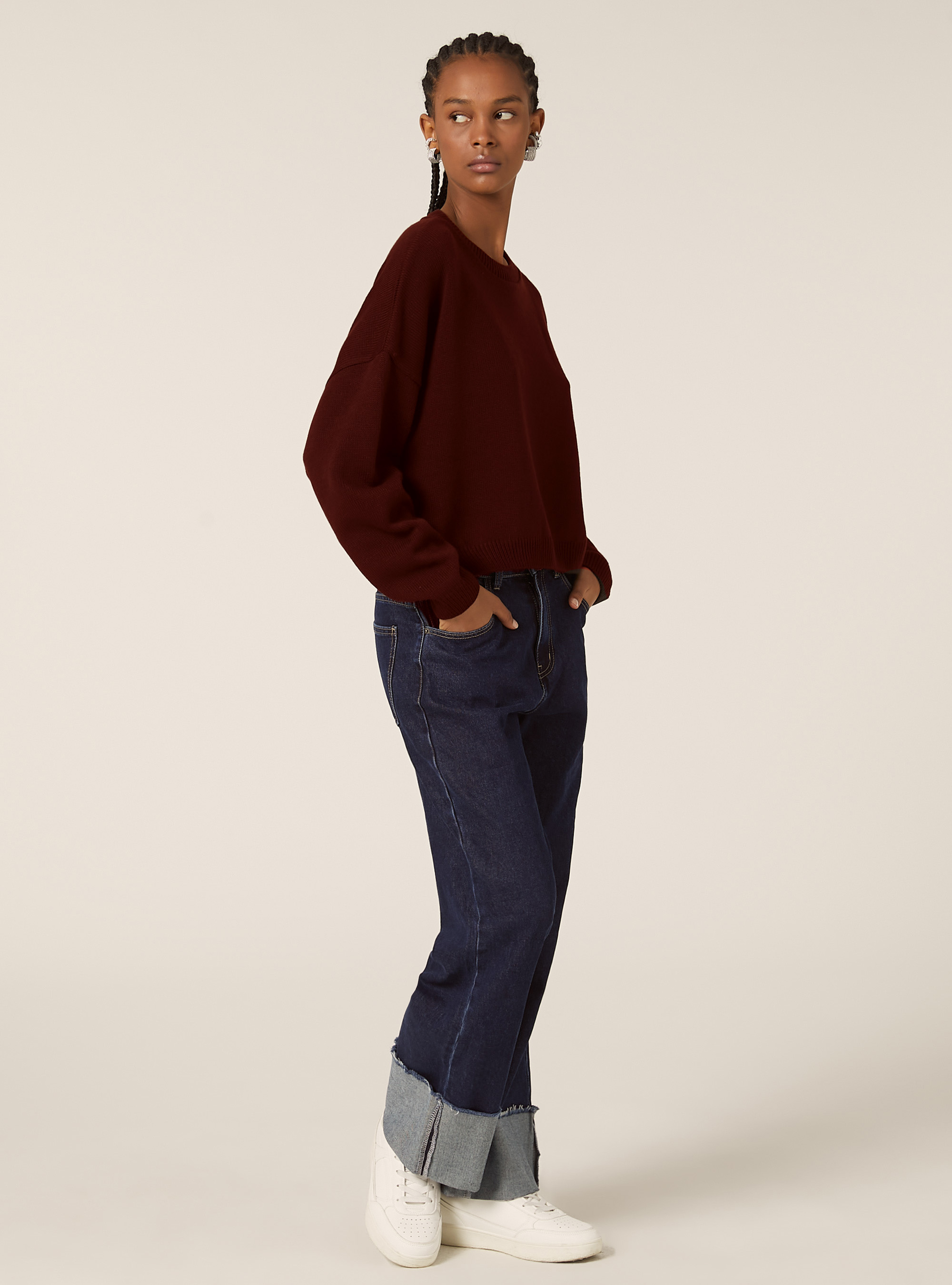 Maglia basic tinta unita cropped, BO2 BORDEAUX MEDIUM