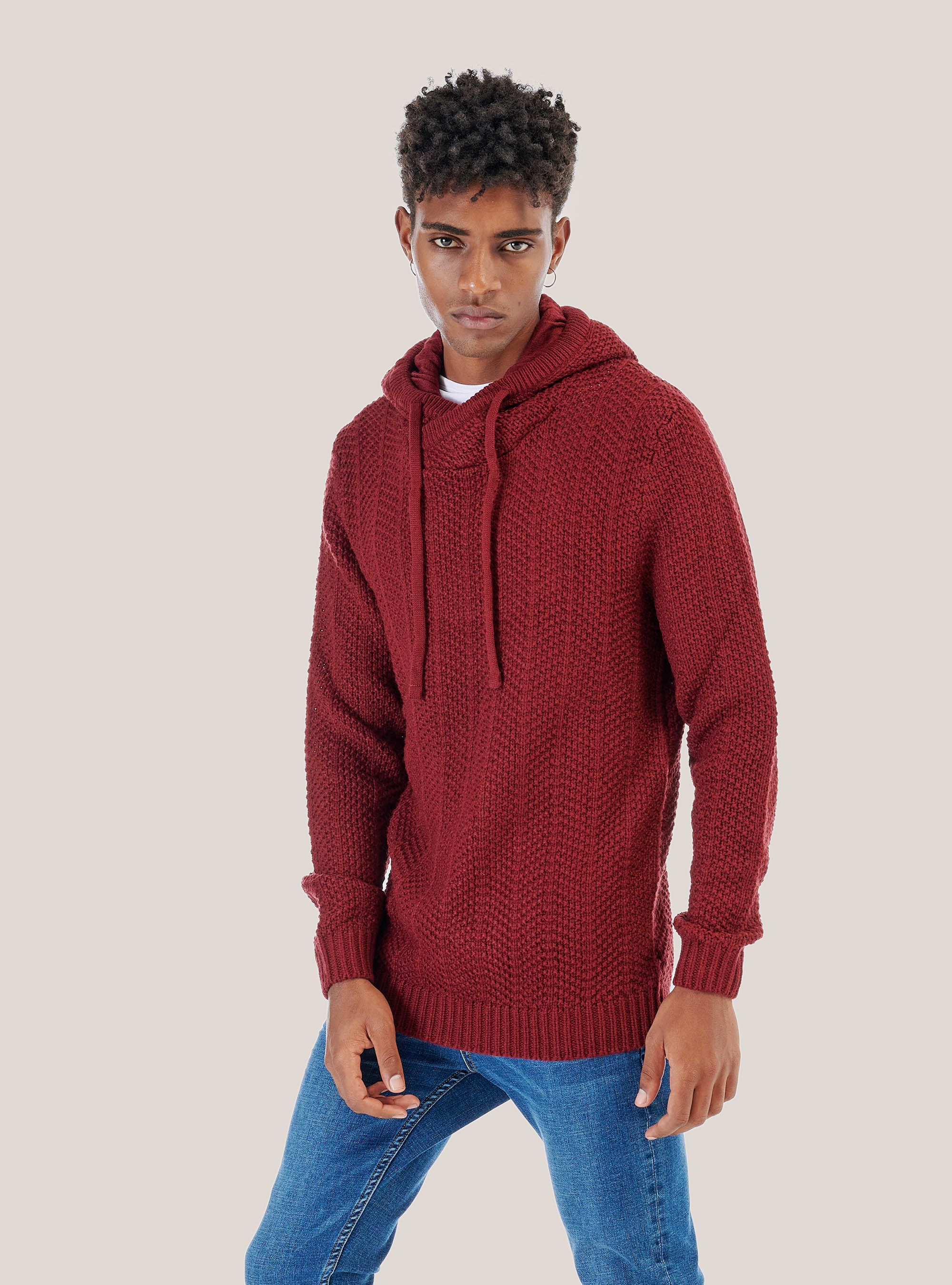 Wool blend hooded pullover, BORDEAUX