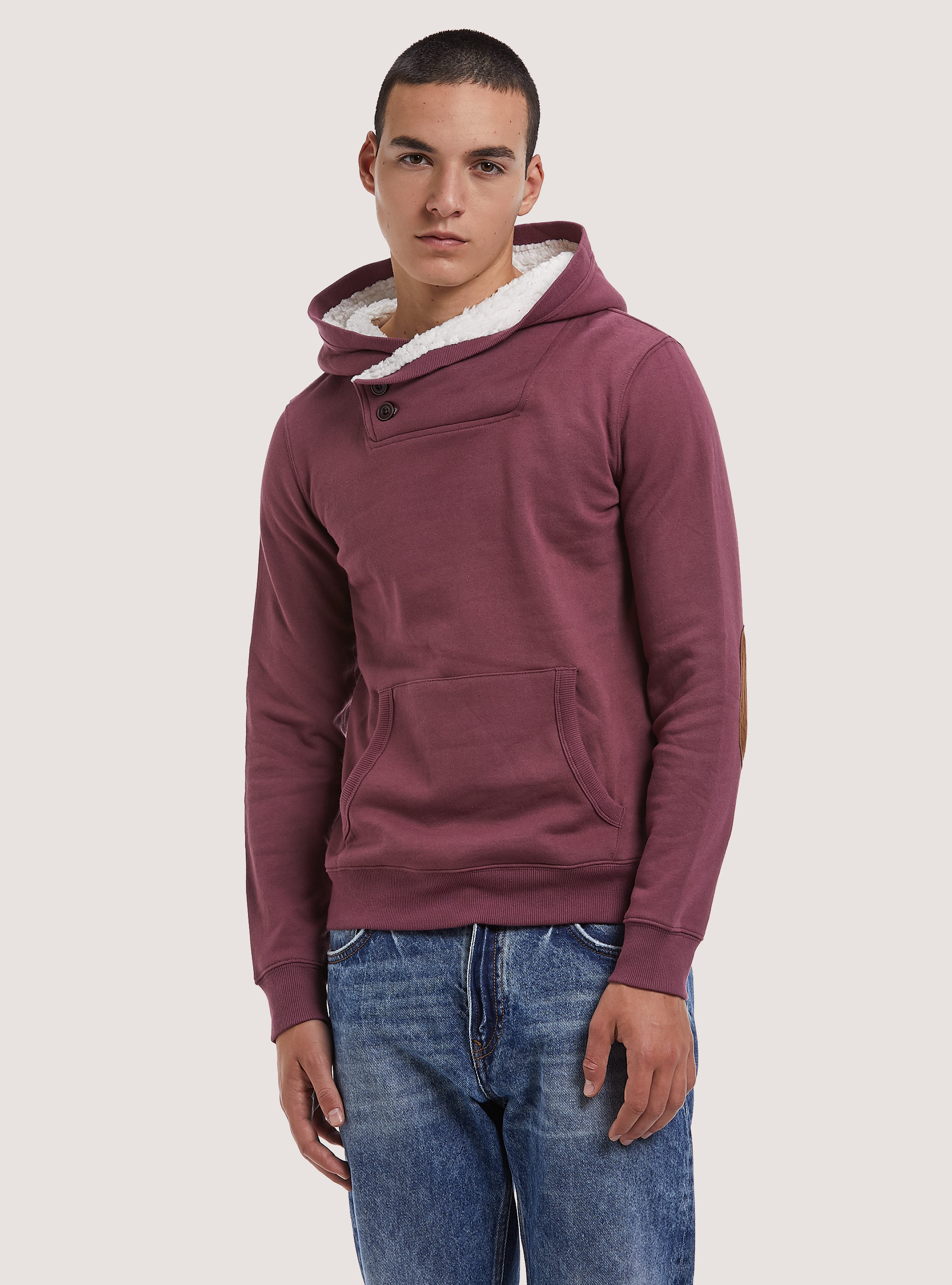 Felpa basic con cappuccio in eco pelliccia, CIPOLLA