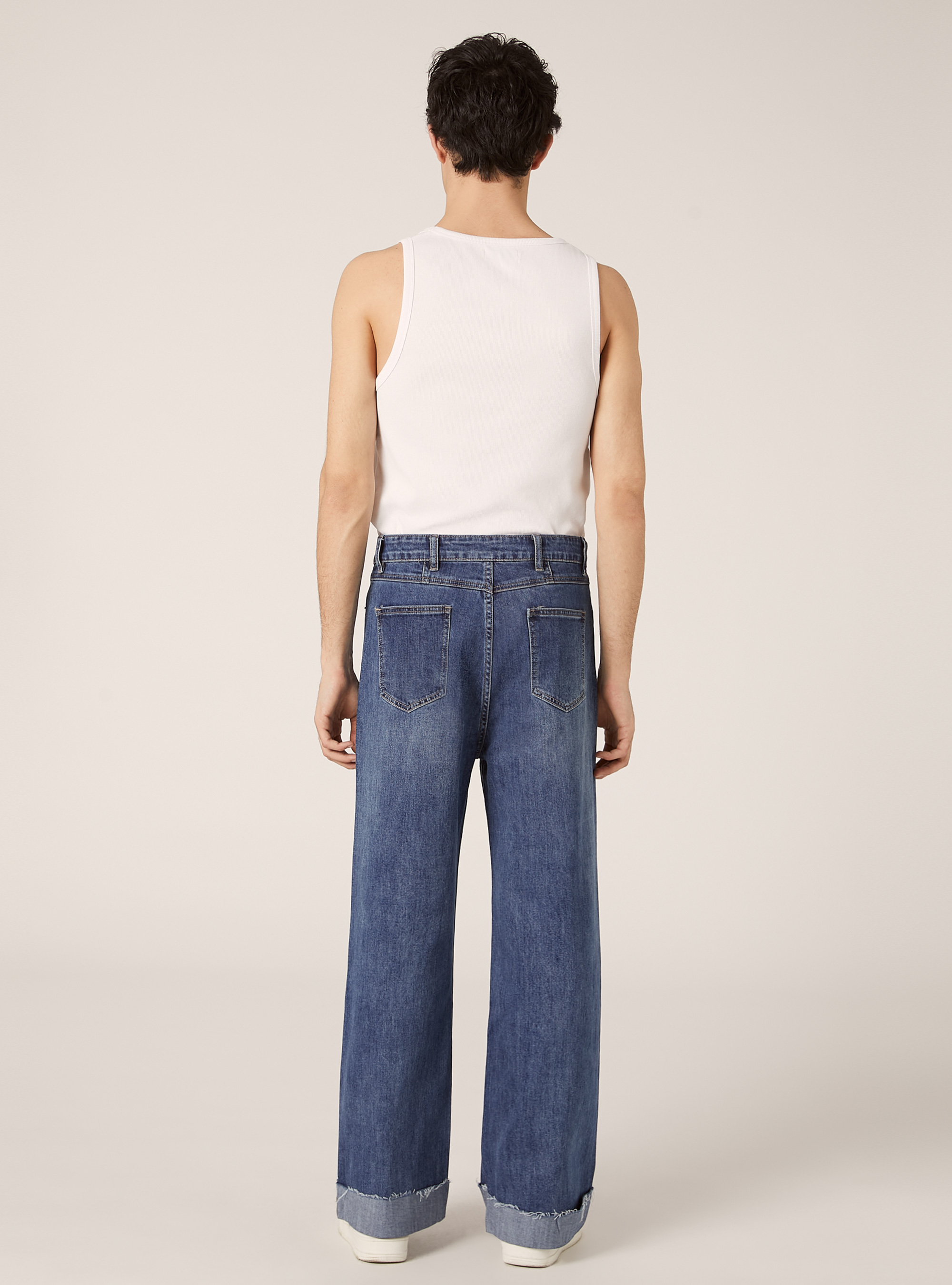 Wide leg jeans with rhinestones and asymmetric waistband, D003 MEDIUM BLUE