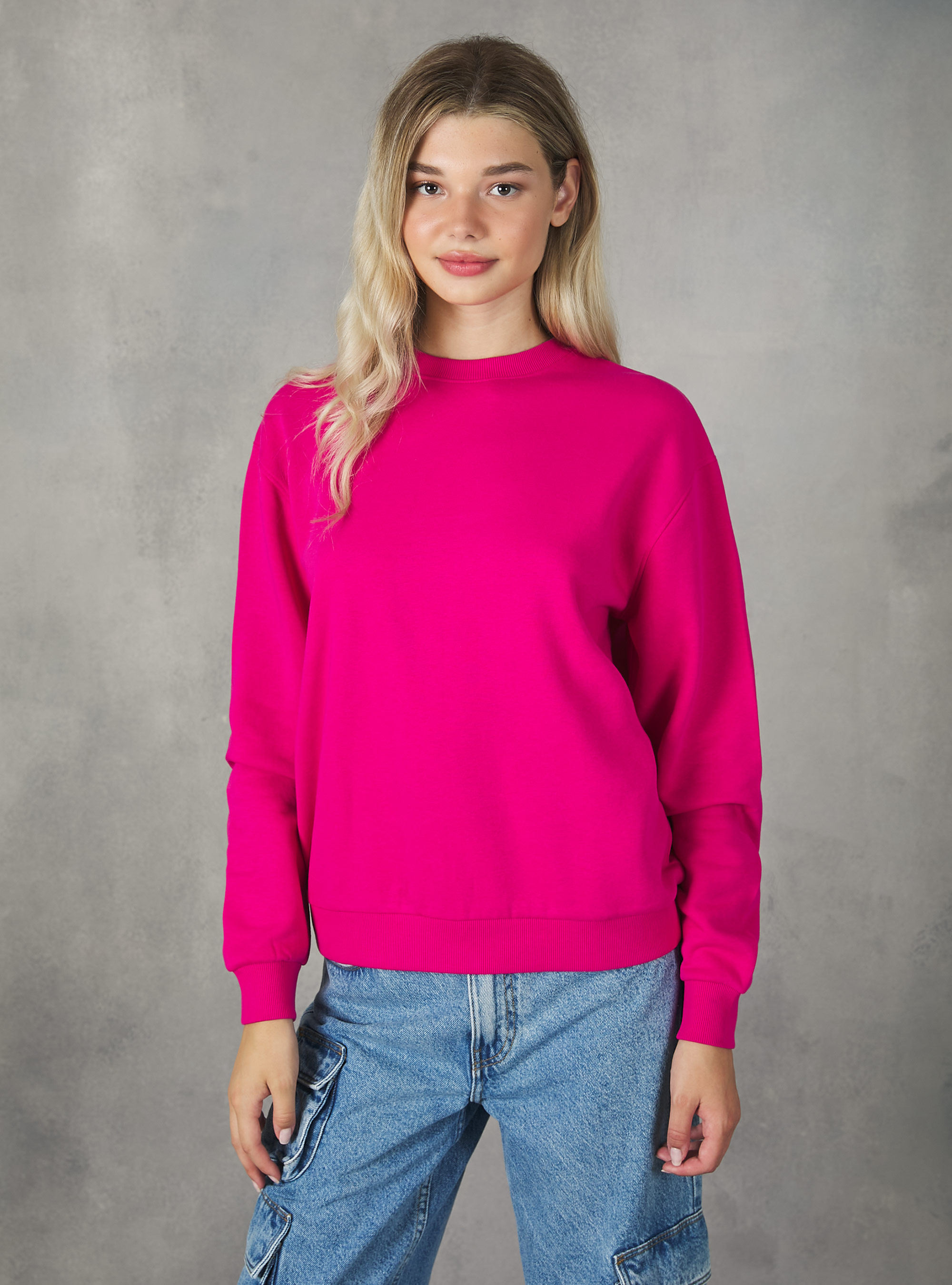 Plain-coloured cotton crew-neck sweatshirt, FX3 FUXIA LIGHT