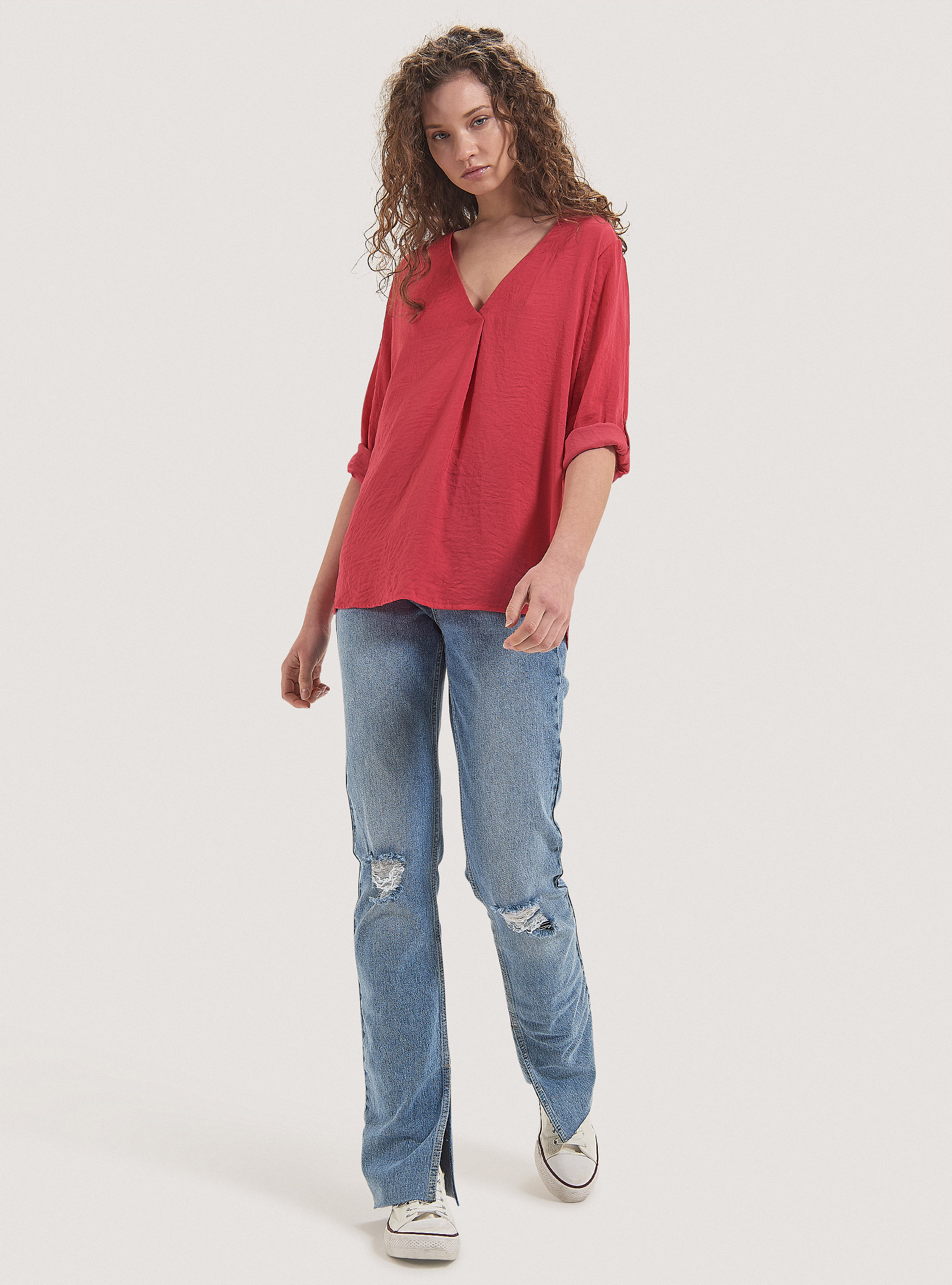 Blusa de color s&oacute;lido con escote, FUCSIA