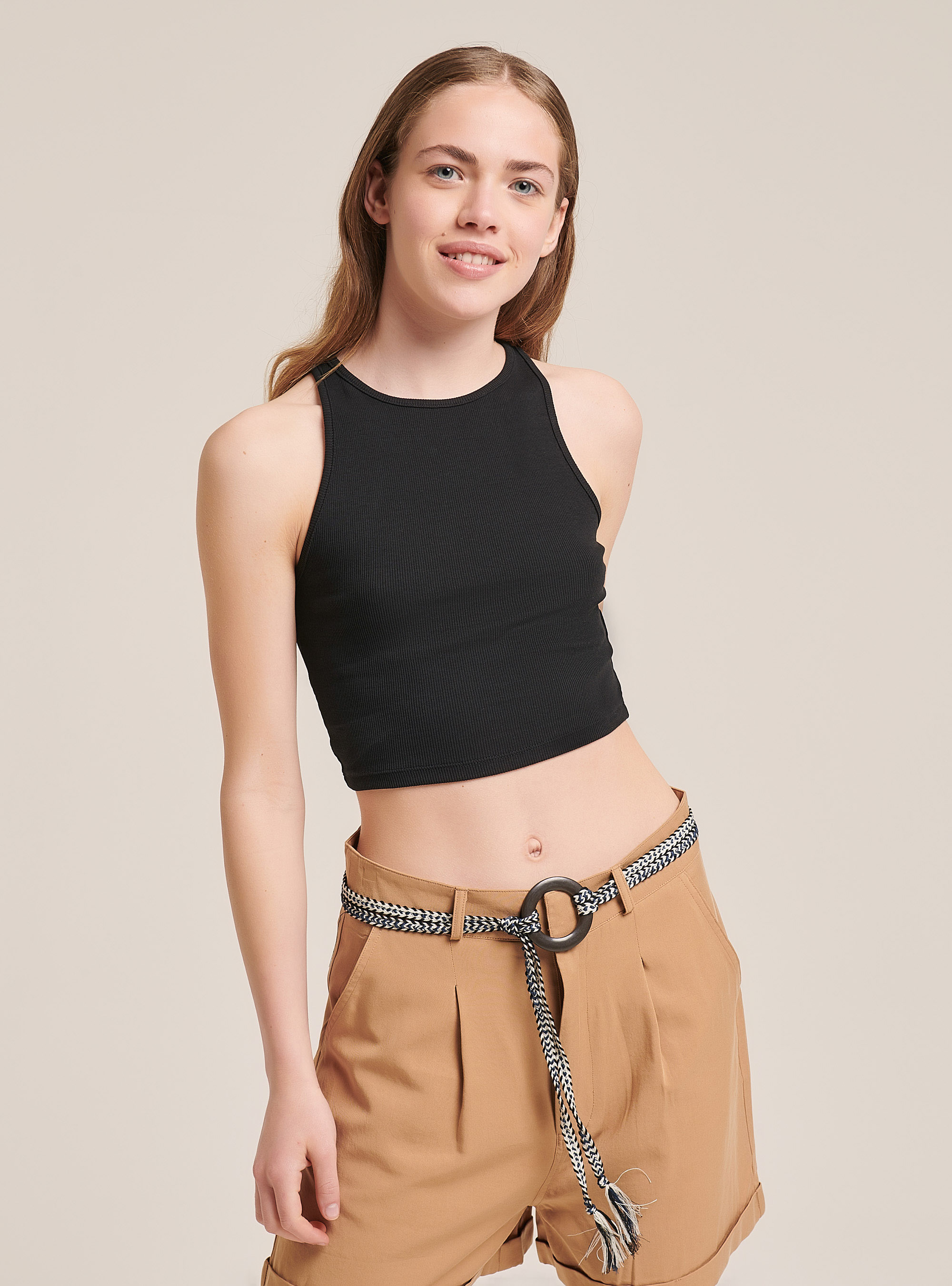 Elastic ribbed crop top in cotton, BLACK