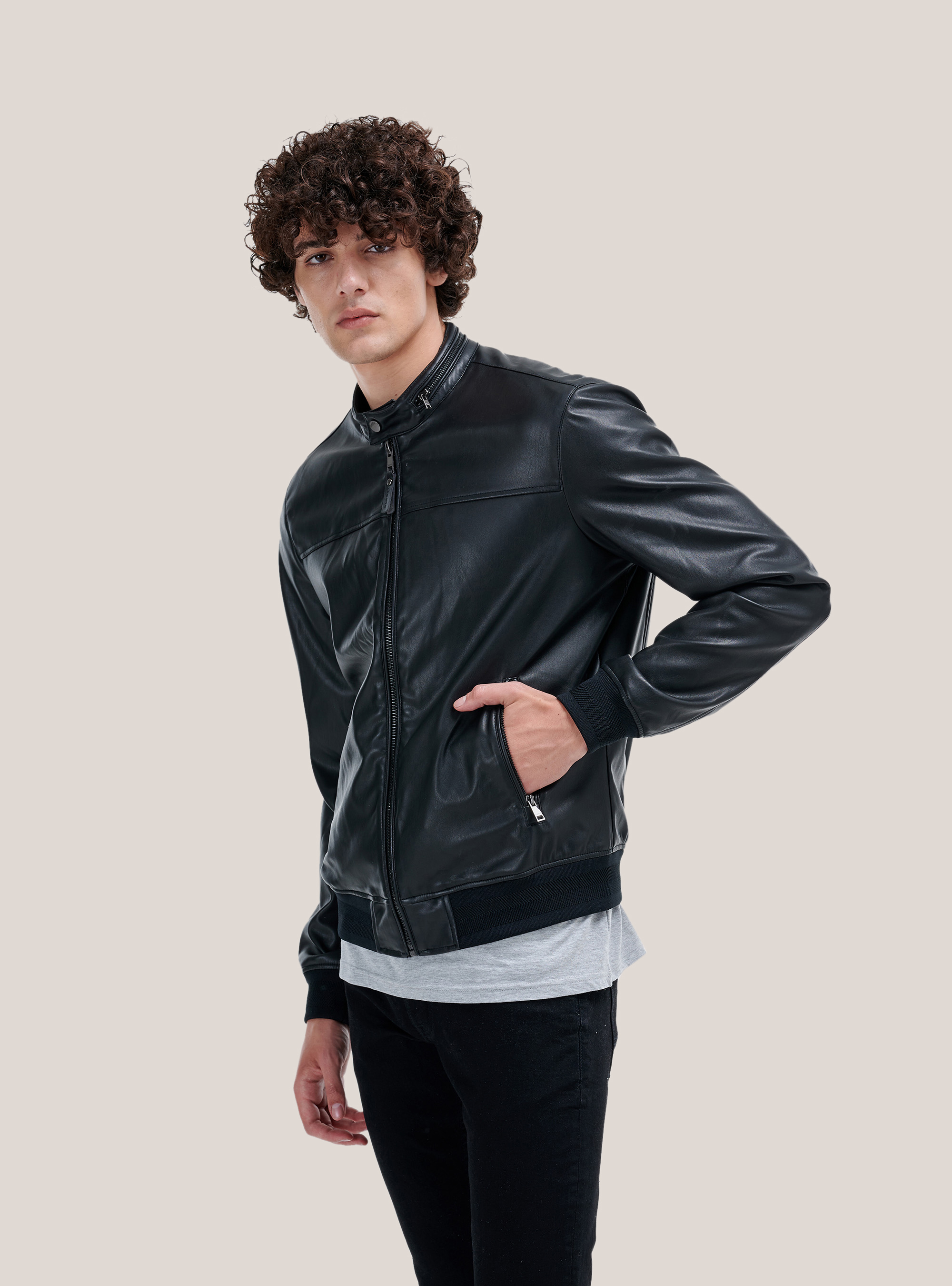 Slim fit leather effect jacket, BLACK
