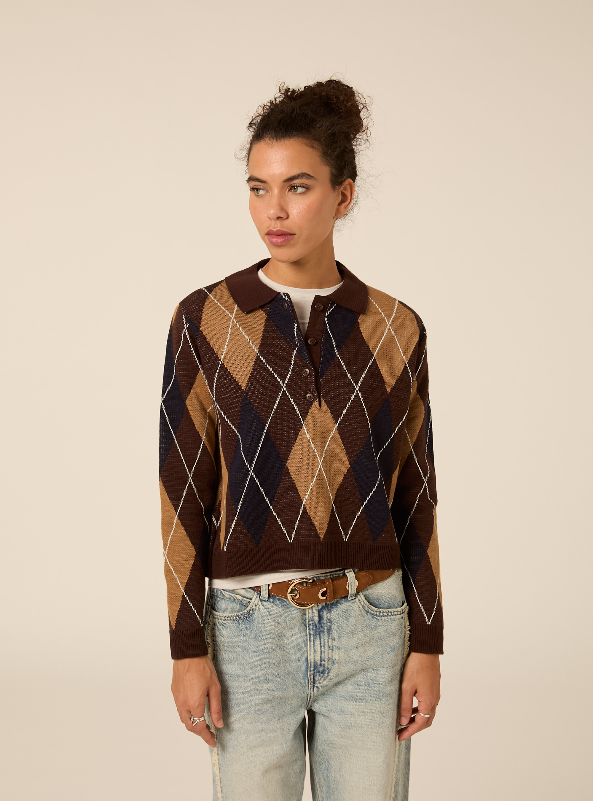 Pullover polo con rombi, BR1 BROWN DARK