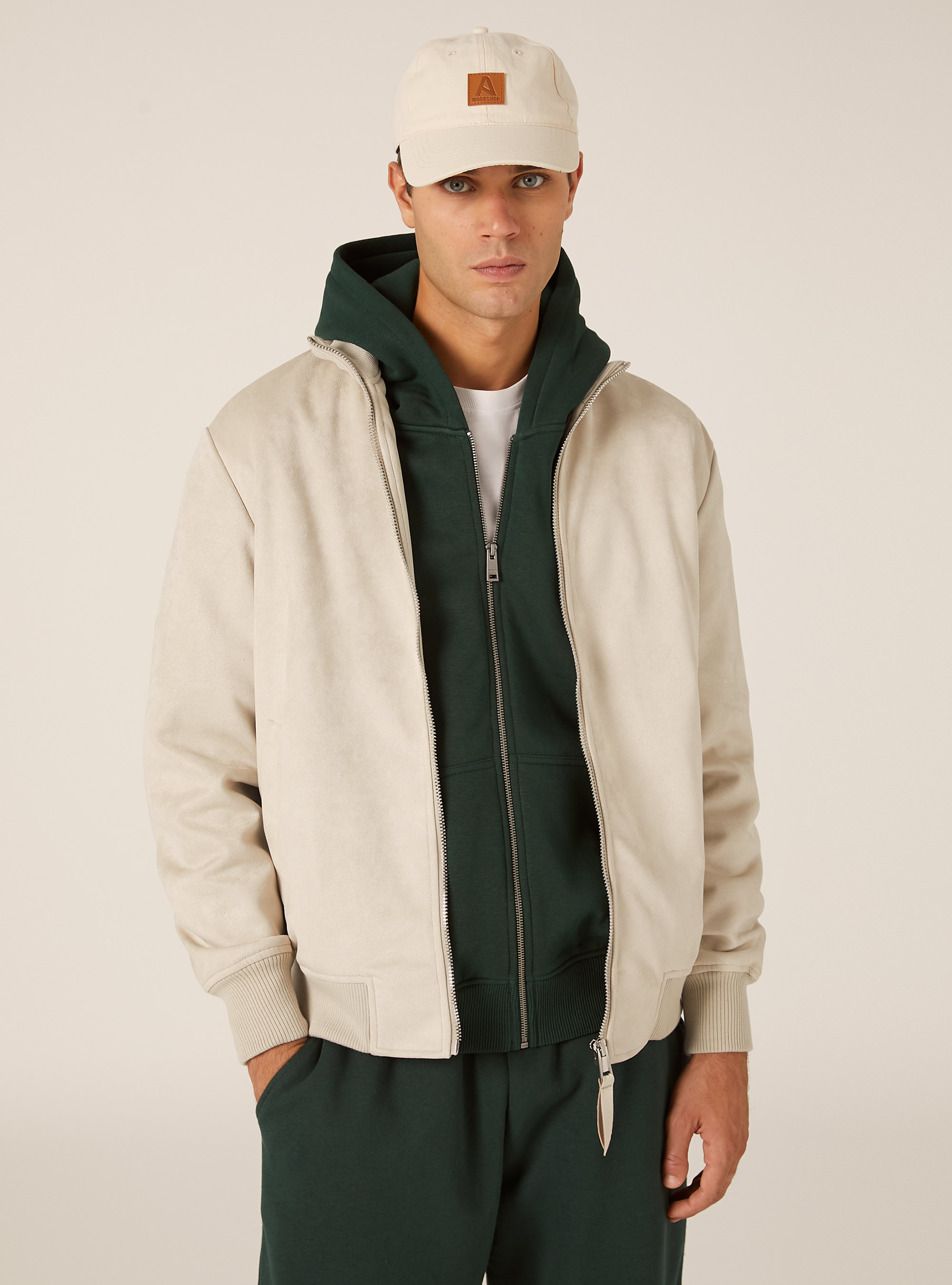 Suede-effect bomber jacket, CR3 CREAM LIGHT