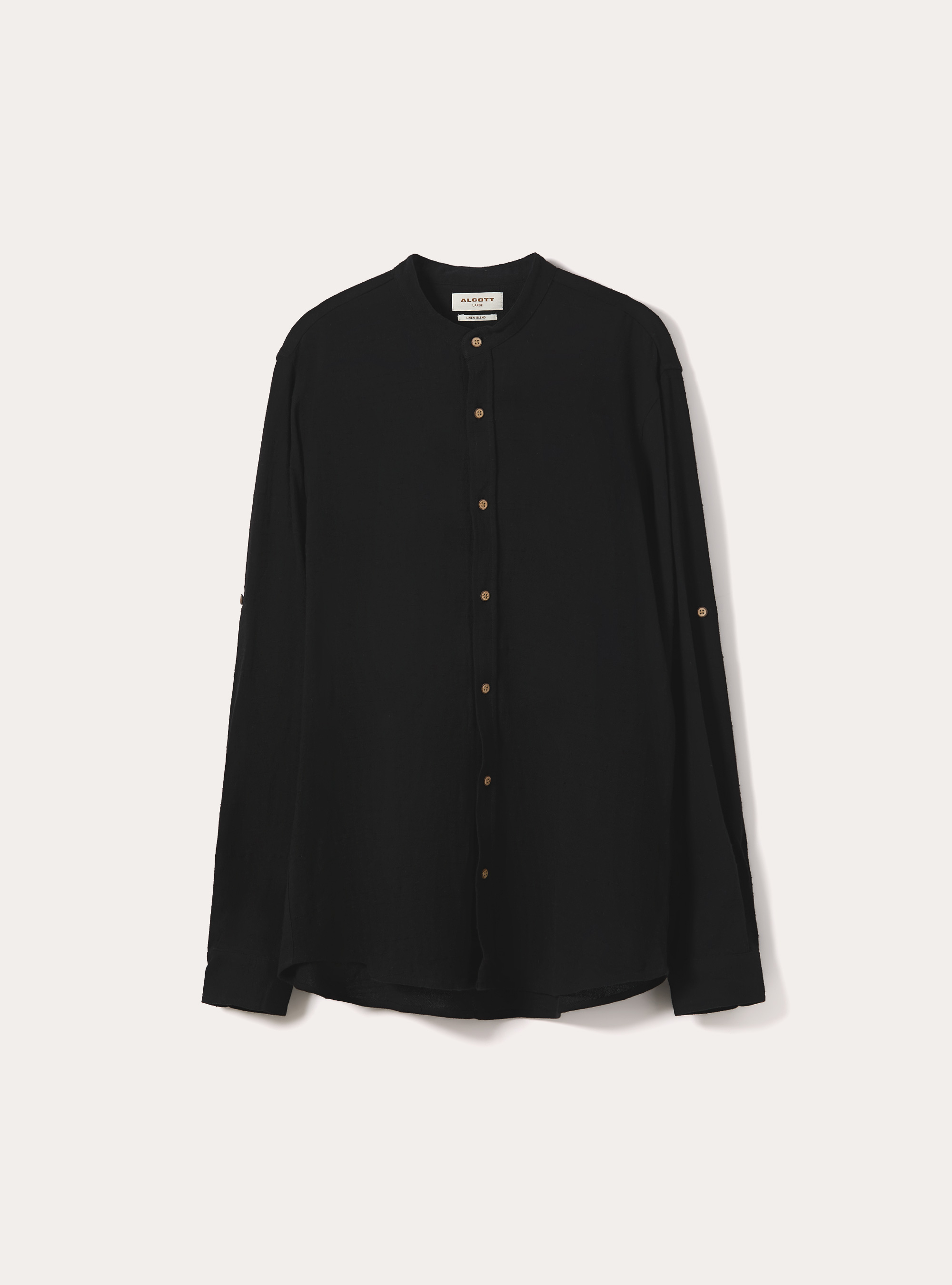 Camicia con collo alla coreana in misto lino, BK1 BLACK