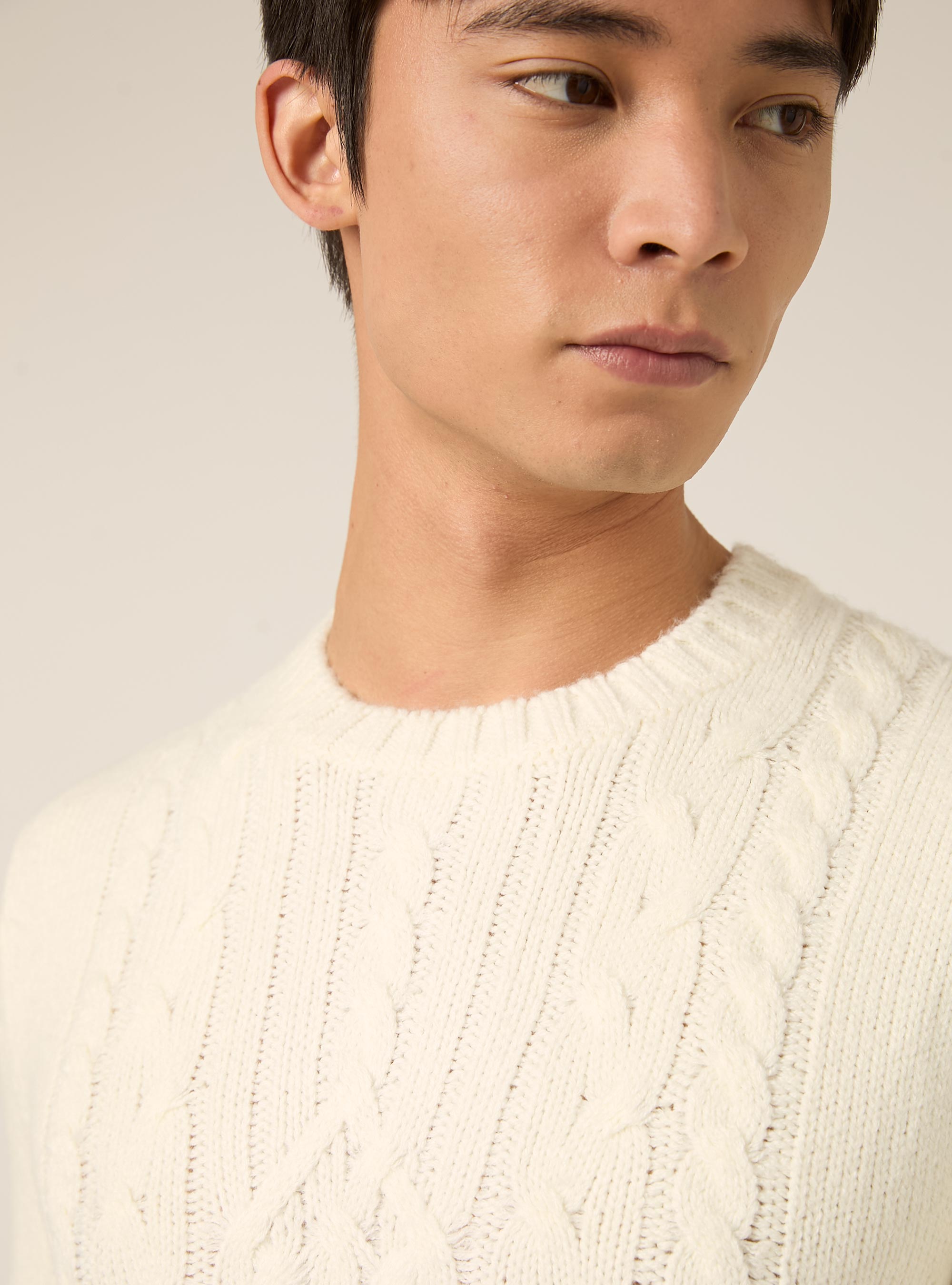 Crew neck jumper with cable knit, WH1 OFF WHITE