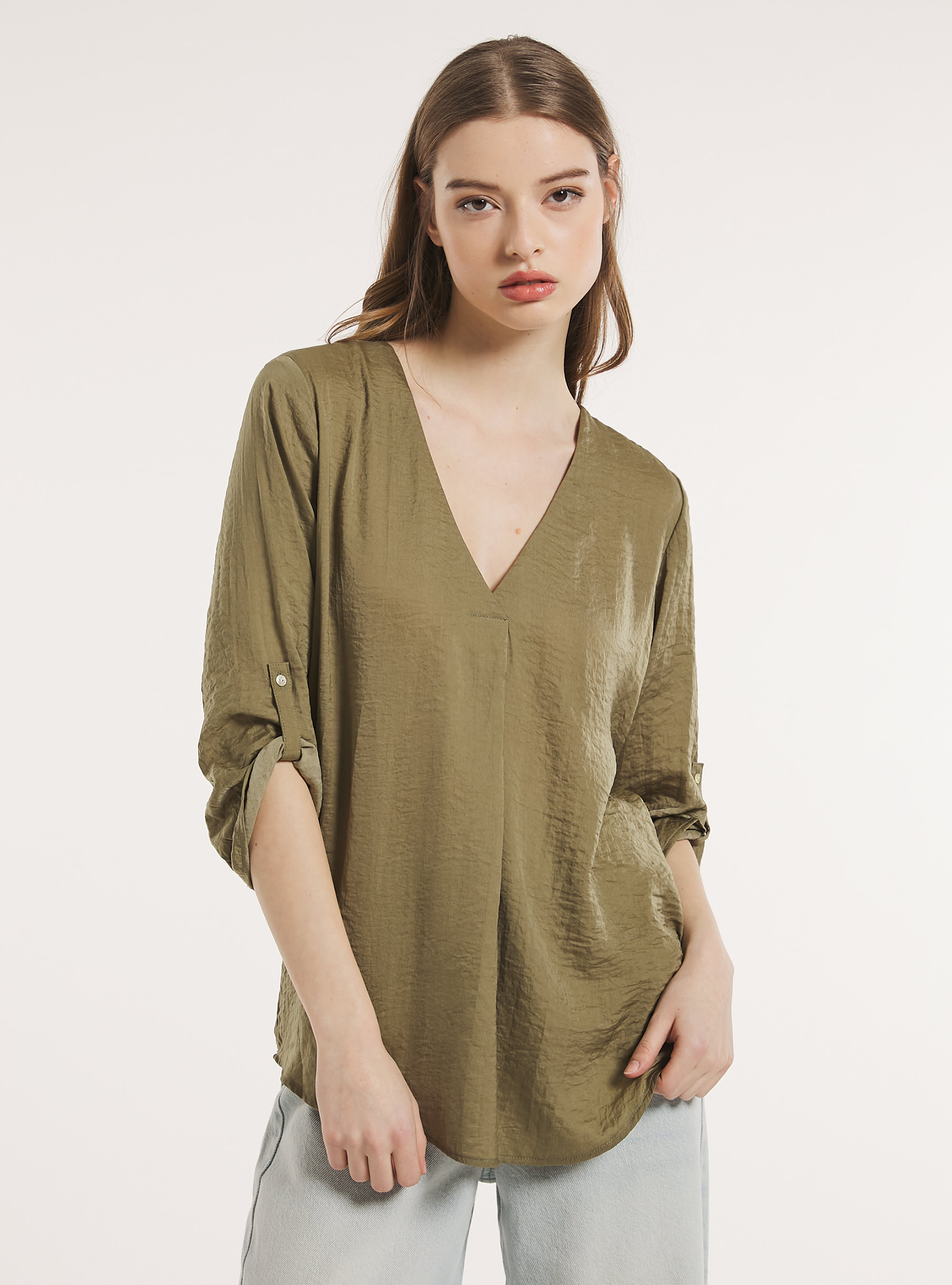 Blusa de color liso con escote, KY2 KAKY MEDIUM
