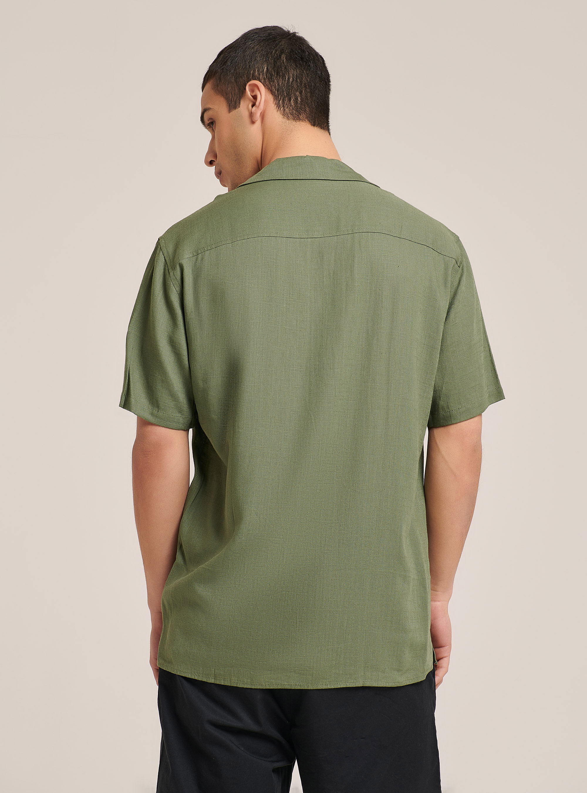 Camicia in misto lino con collo bowling, KAKI